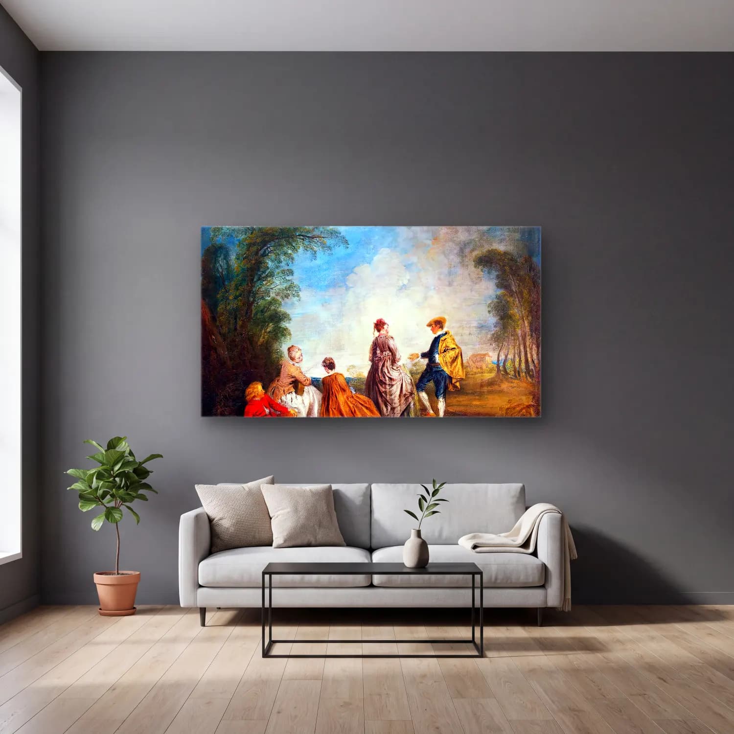 Jean-Antoine Watteau – An Embarrassing Proposal cam tablo — gri duvarlı salonda