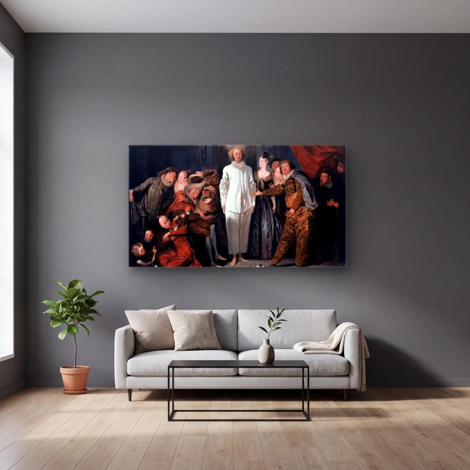 Jean-Antoine Watteau – Italian Comedians cam tablo — gri duvarlı salonda
