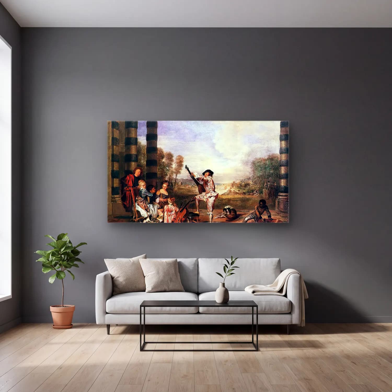 Jean-Antoine Watteau – Les Charmes de la Vie (The Music Party) cam tablo — gri duvarlı salonda