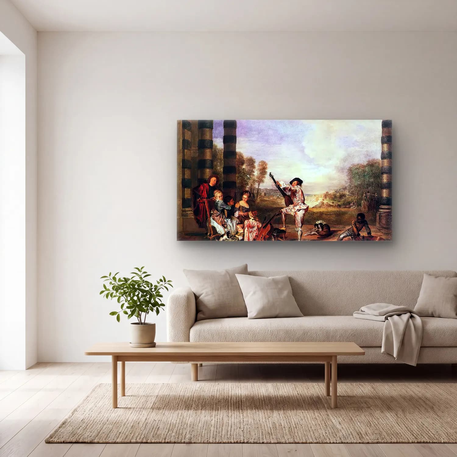 Jean-Antoine Watteau – Les Charmes de la Vie (The Music Party) cam tablo — açık renk salonda