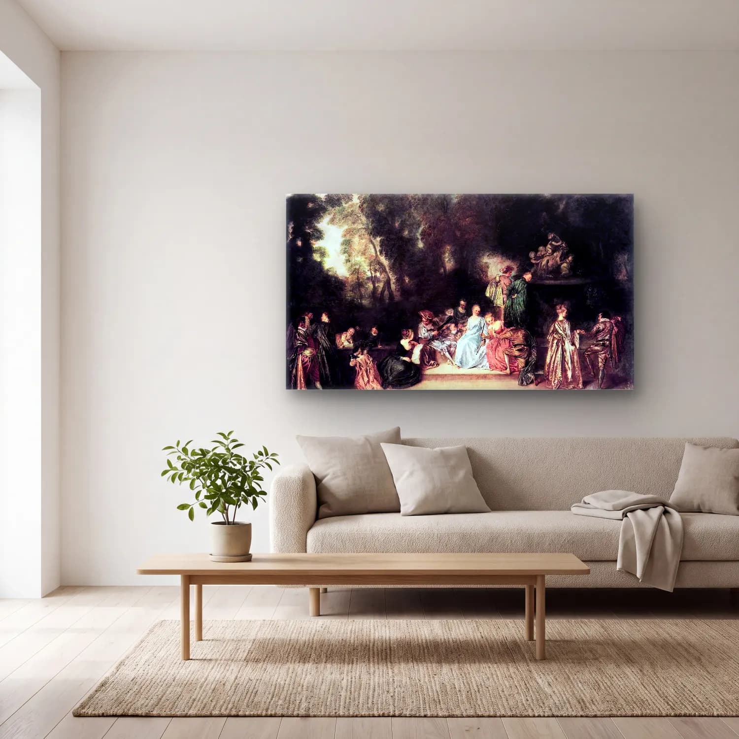 Jean-Antoine Watteau – Party in the Open Air cam tablo — açık renk salonda
