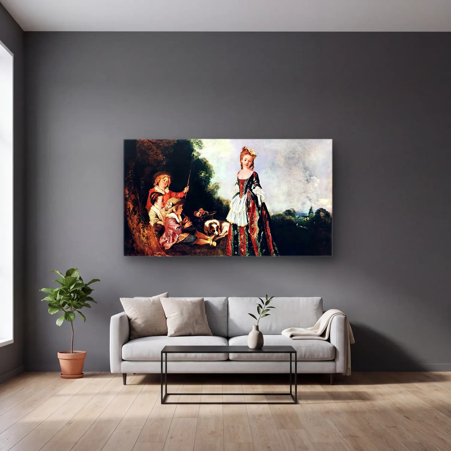 Jean-Antoine Watteau – The Dance cam tablo — gri duvarlı salonda