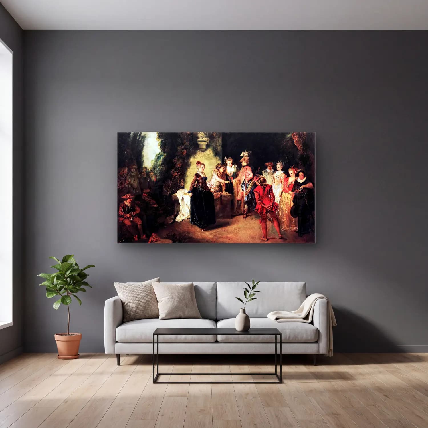 Jean-Antoine Watteau – The French Comedy cam tablo — gri duvarlı salonda
