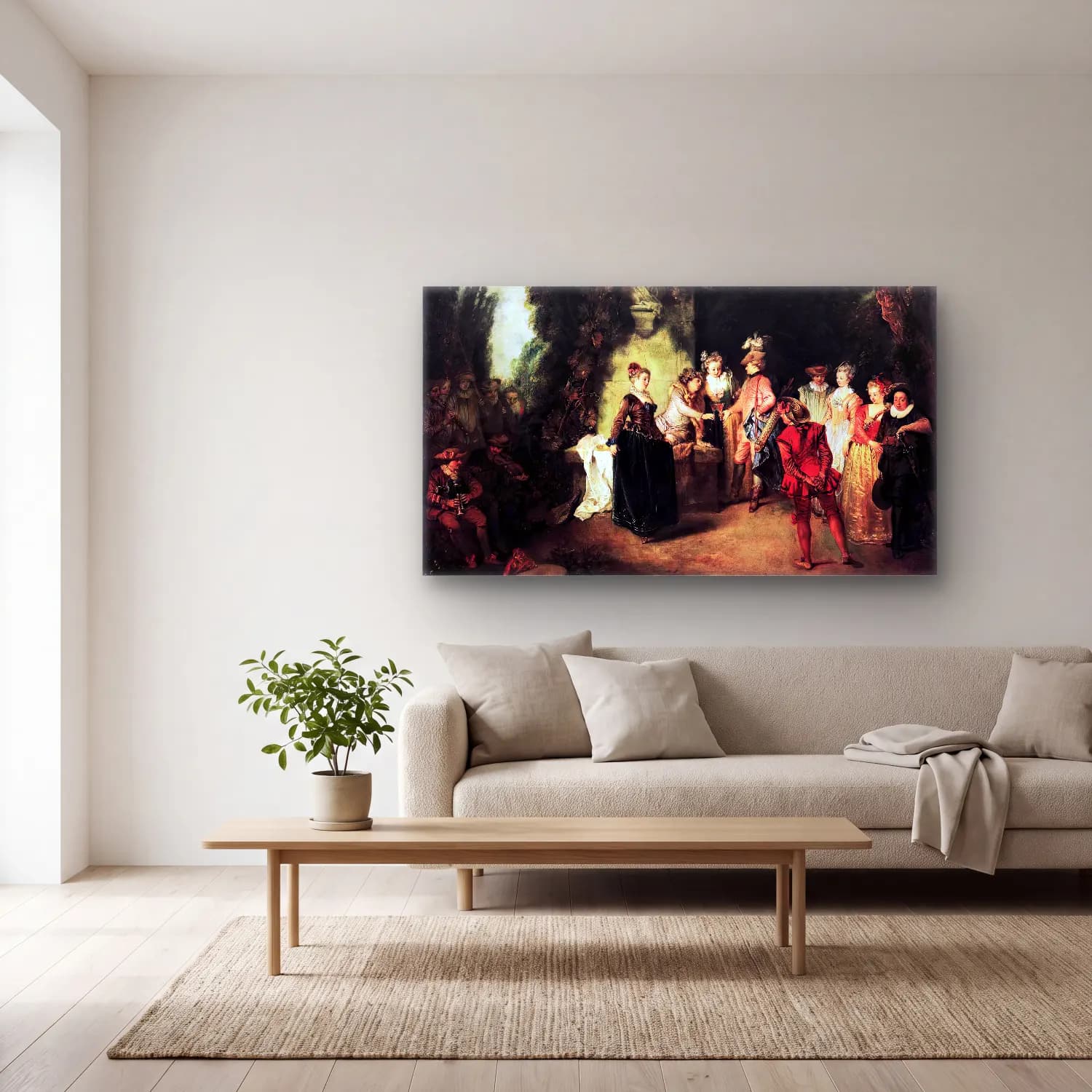 Jean-Antoine Watteau – The French Comedy cam tablo — açık renk salonda