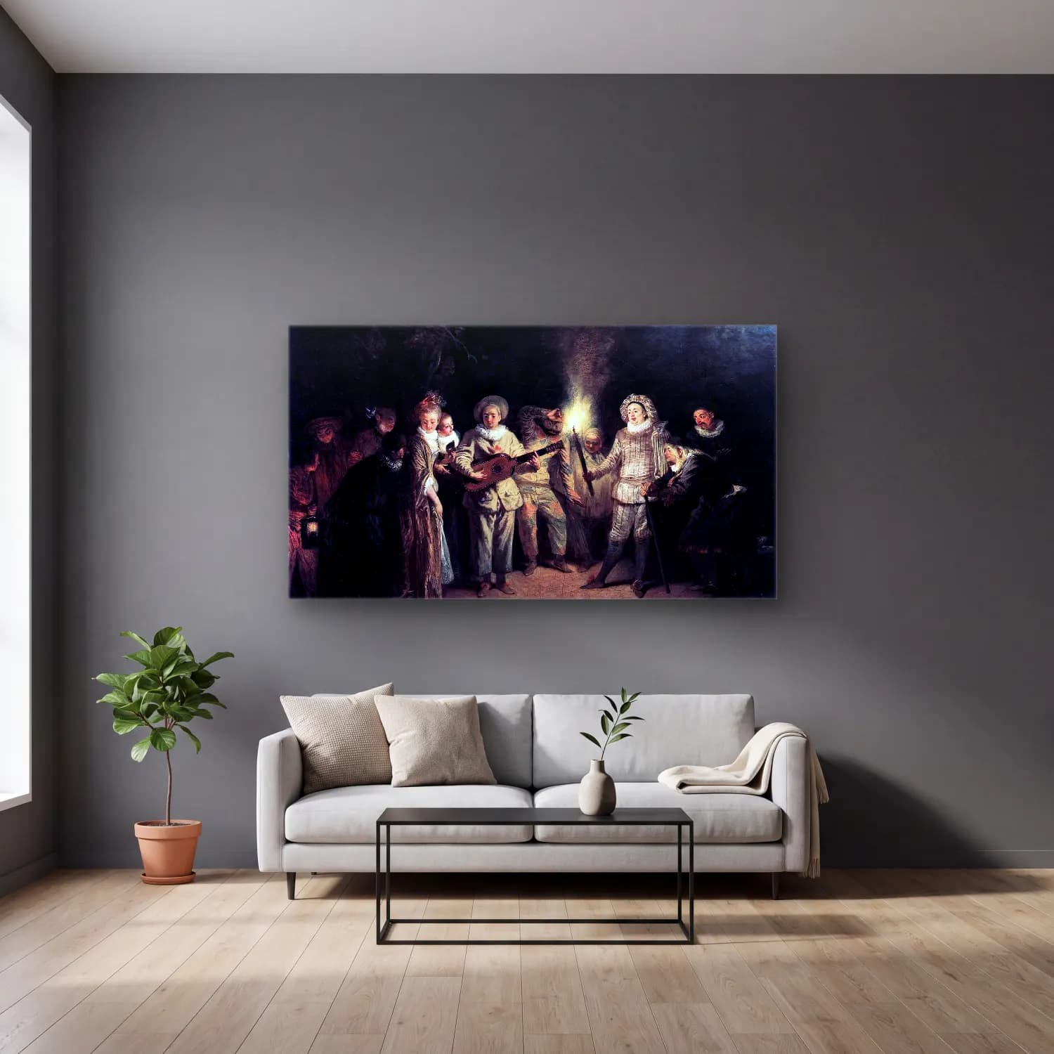 Jean-Antoine Watteau – The Italian Comedy cam tablo — gri duvarlı salonda