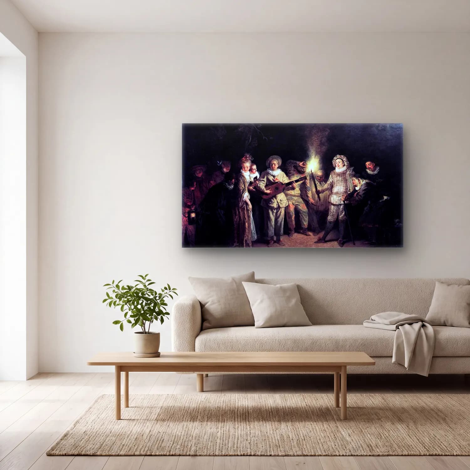 Jean-Antoine Watteau – The Italian Comedy cam tablo — açık renk salonda