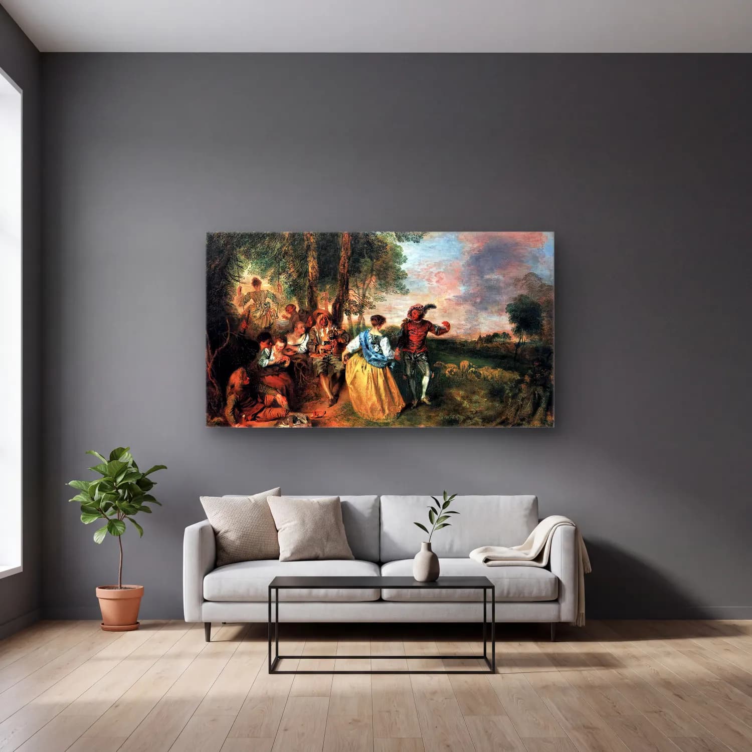 Jean-Antoine Watteau – The Shepherds cam tablo — gri duvarlı salonda