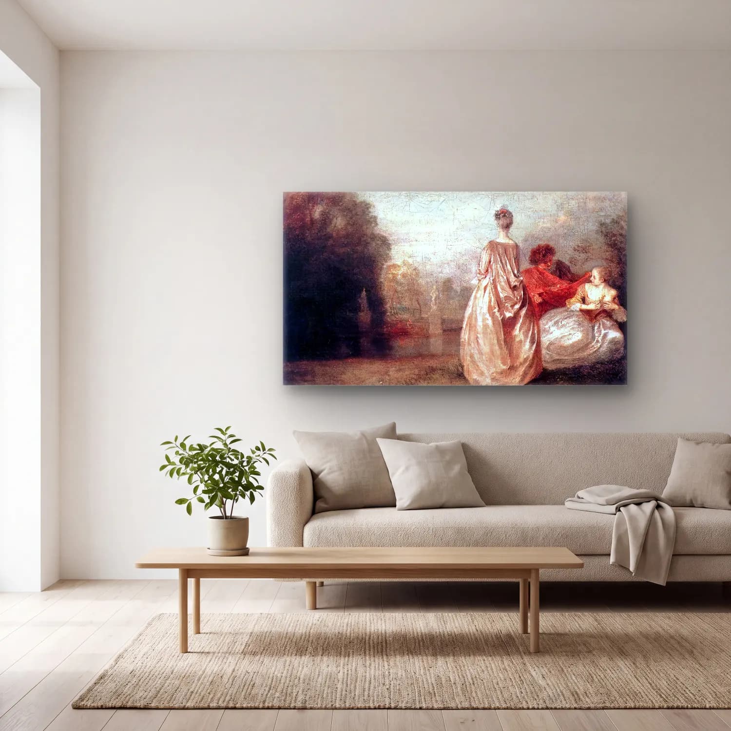 Jean-Antoine Watteau – Two Cousins cam tablo — açık renk salonda