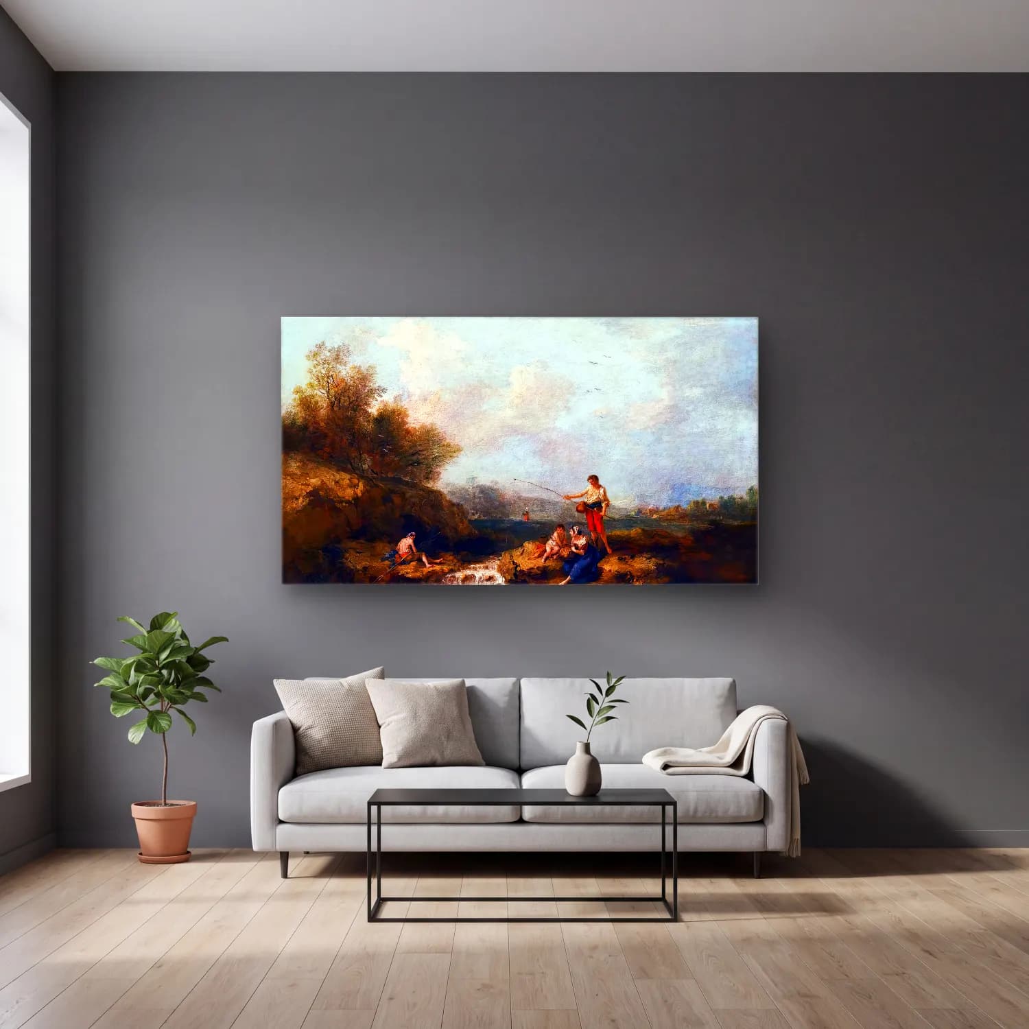 Francesco Zuccarelli – Fishermen and Other Figures beside a Flowing Stream cam tablo — gri duvarlı salonda