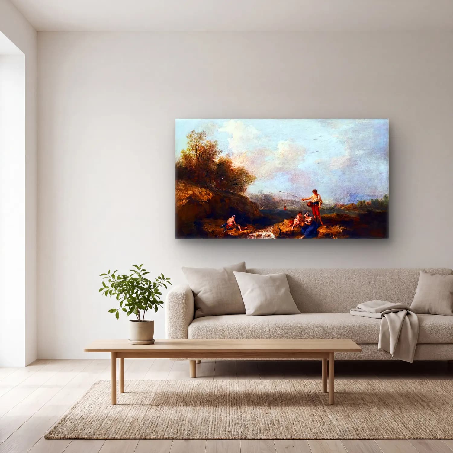 Francesco Zuccarelli – Fishermen and Other Figures beside a Flowing Stream cam tablo — açık renk salonda