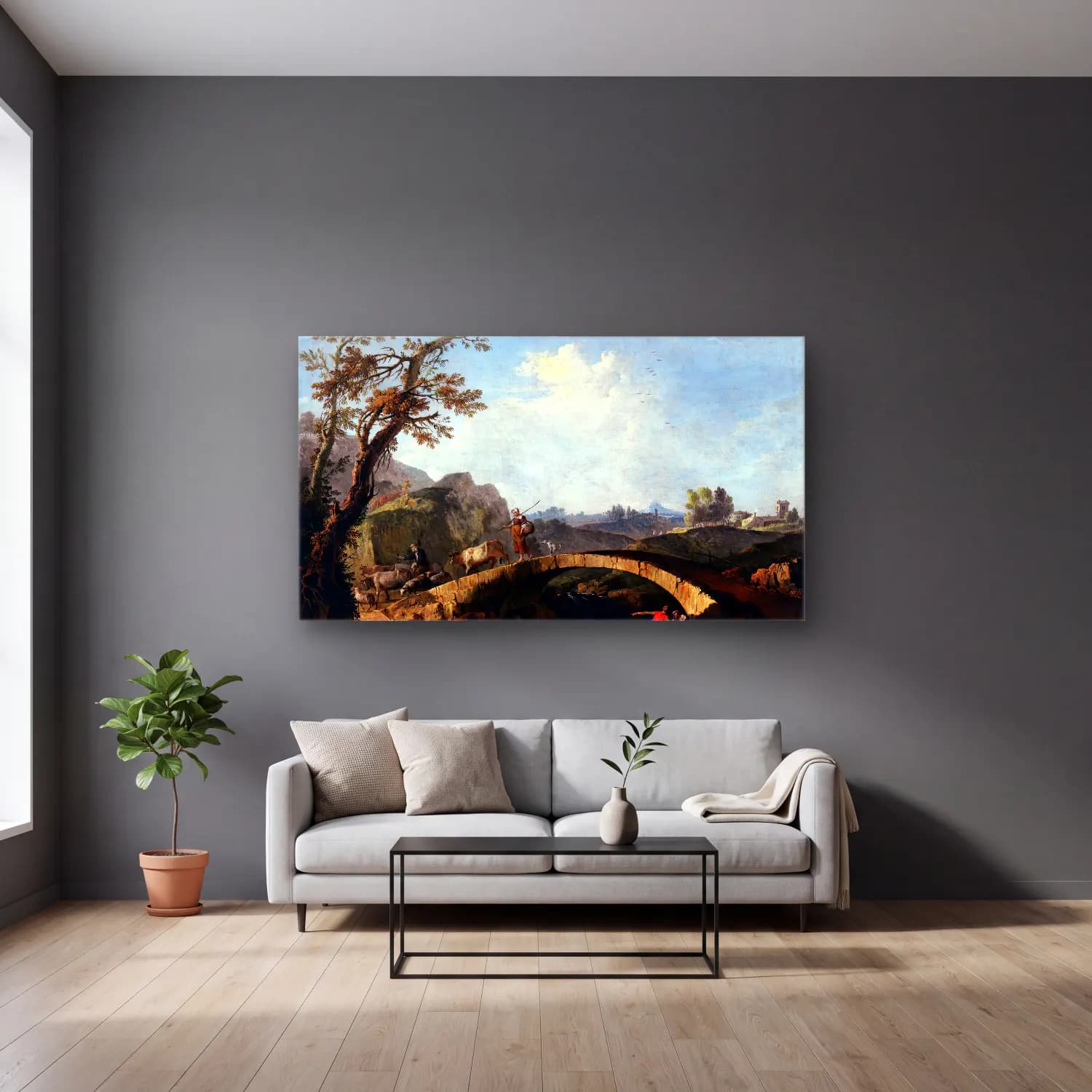 Francesco Zuccarelli – Landscape with Bridge cam tablo — gri duvarlı salonda