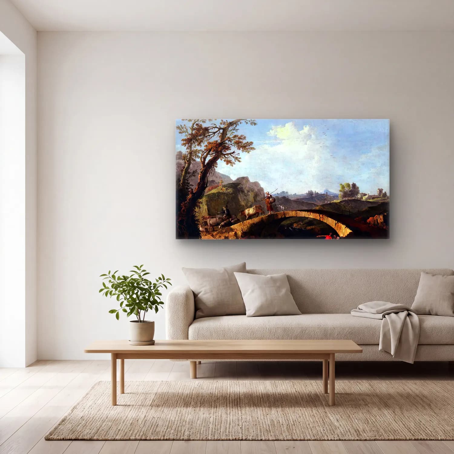 Francesco Zuccarelli – Landscape with Bridge cam tablo — açık renk salonda