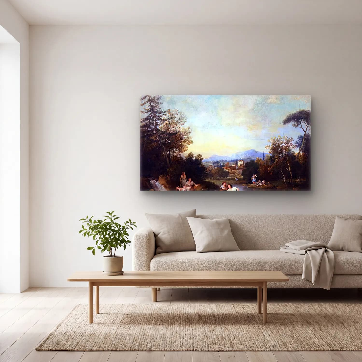 Francesco Zuccarelli – Landscape with Girls at the River cam tablo — açık renk salonda