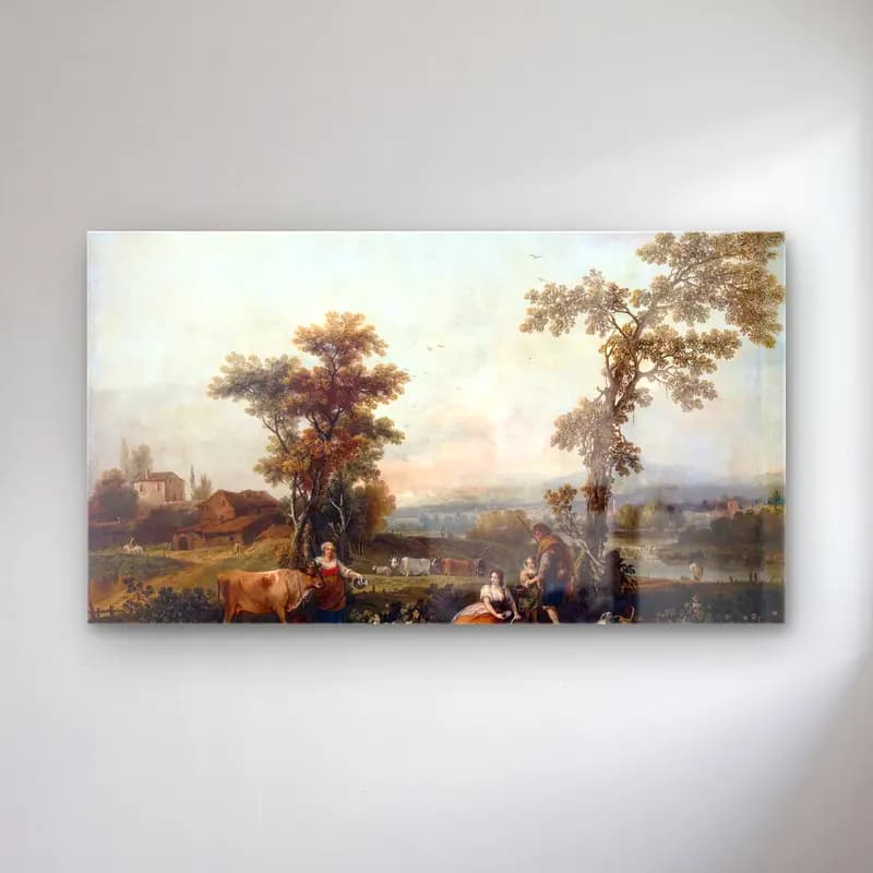 Francesco Zuccarelli – Landscape with a Woman Leading a Cow cam tablo — Francesco Zuccarelli – Landscape with a Woman Leading a Cow — yağlı boya kır evi