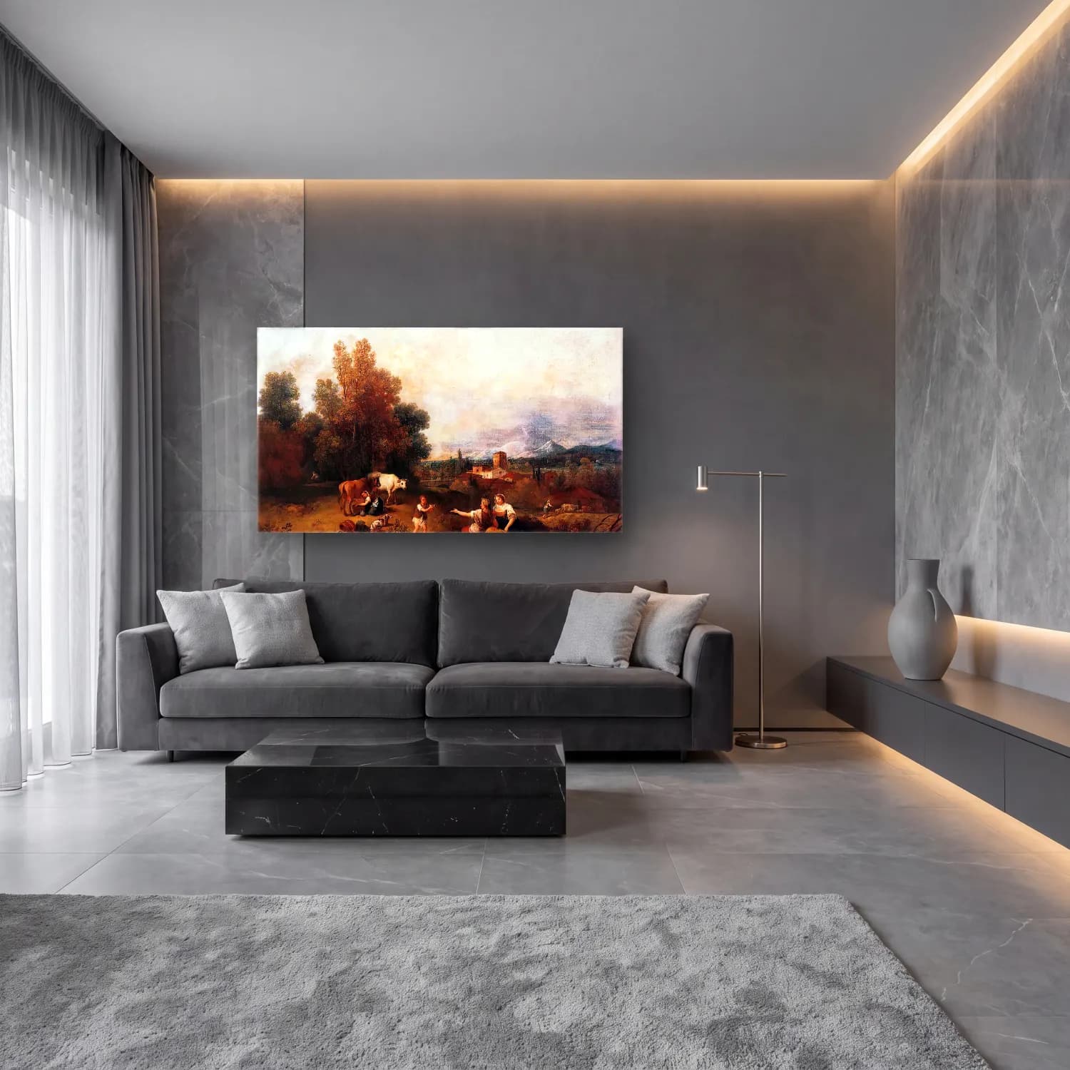 Francesco Zuccarelli – Landscape – Bej Tonlar cam tablo — lüks salon duvarında