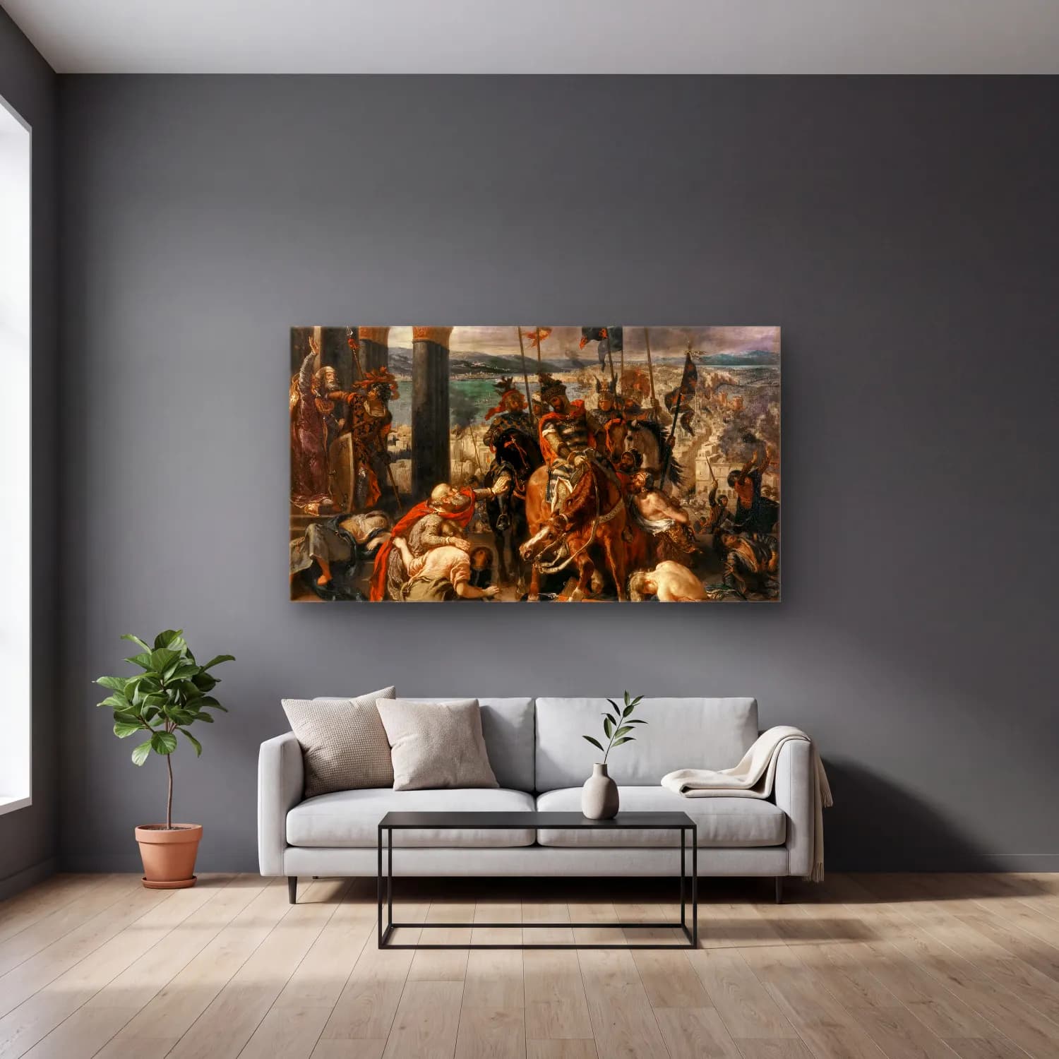 Eugene Delacroix – Entry of the Crusaders in Constantinople cam tablo — gri duvarlı salonda