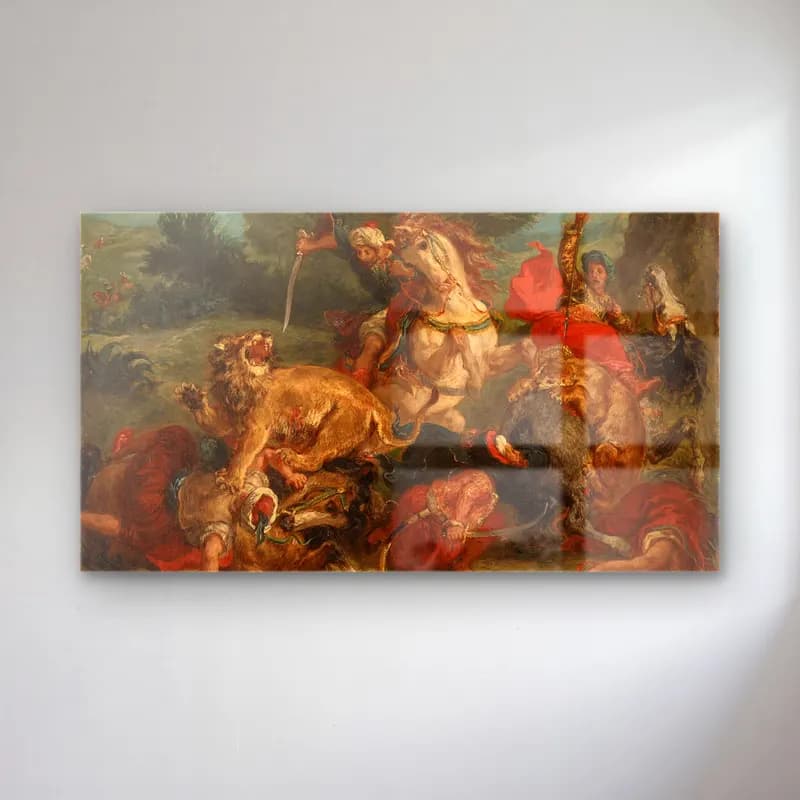 Eugene Delacroix – La Chasse aux lions cam tablo — Eugene Delacroix – La Chasse aux lions — yağlı boya savaş sahnesi
