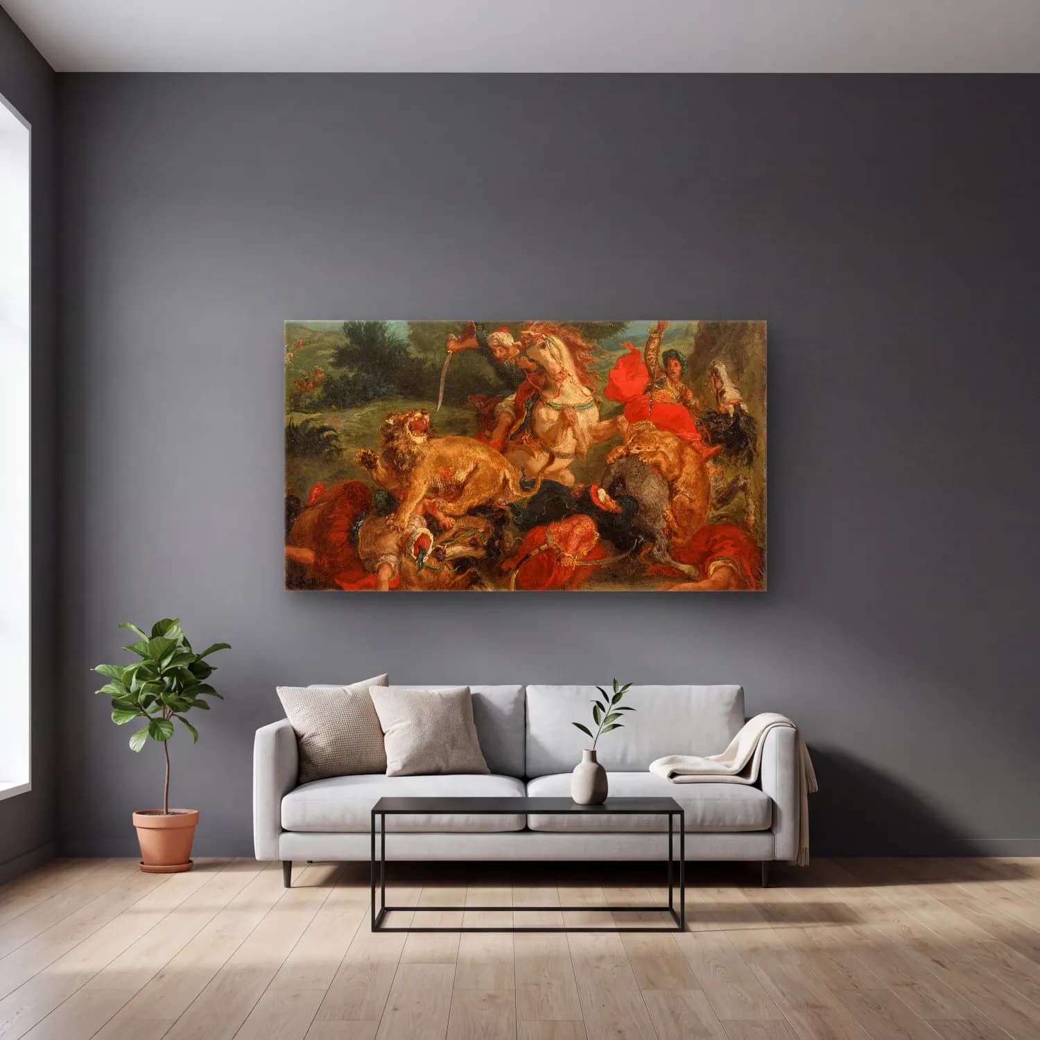 Eugene Delacroix – La Chasse aux lions cam tablo — gri duvarlı salonda