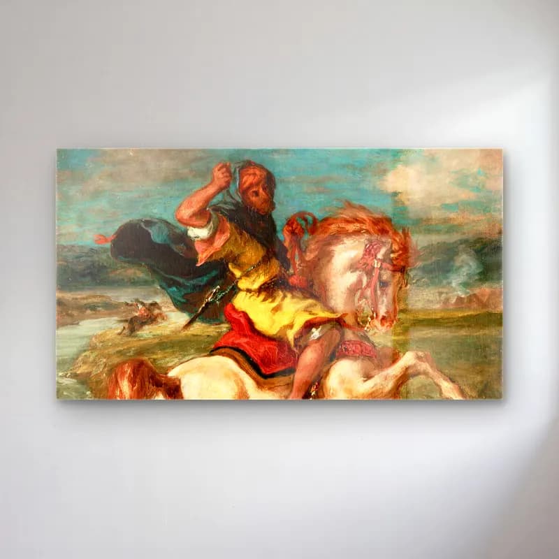 Eugene Delacroix – Moroccan Horseman Crossing a Ford cam tablo — Eugene Delacroix – Moroccan Horseman Crossing a Ford — yağlı boya şövalye