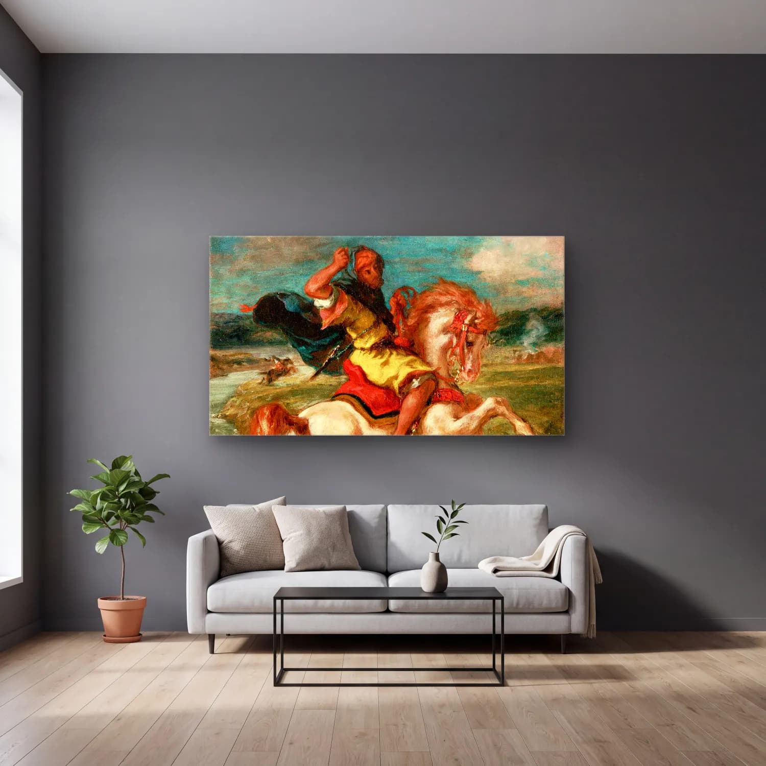 Eugene Delacroix – Moroccan Horseman Crossing a Ford cam tablo — gri duvarlı salonda