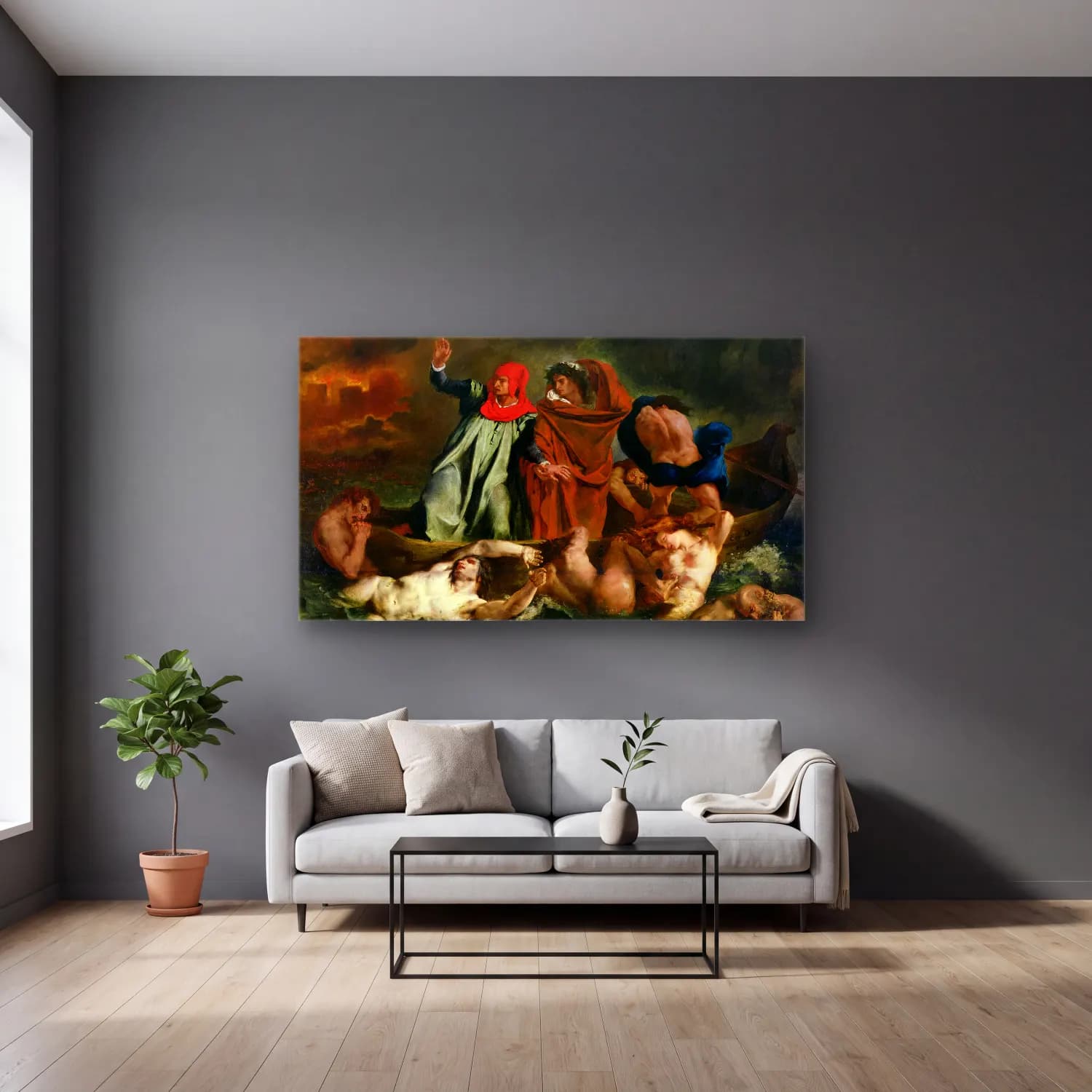 Eugene Delacroix – The Barque of Dante cam tablo — gri duvarlı salonda