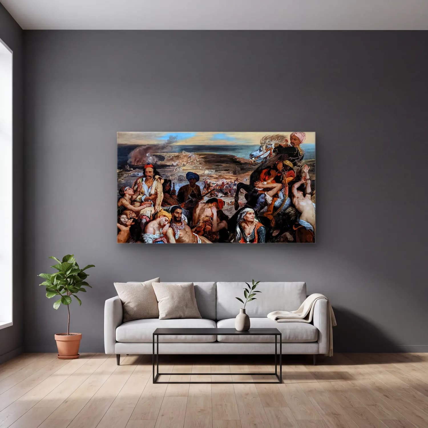 Eugene Delacroix – The Massacre at Chios cam tablo — gri duvarlı salonda