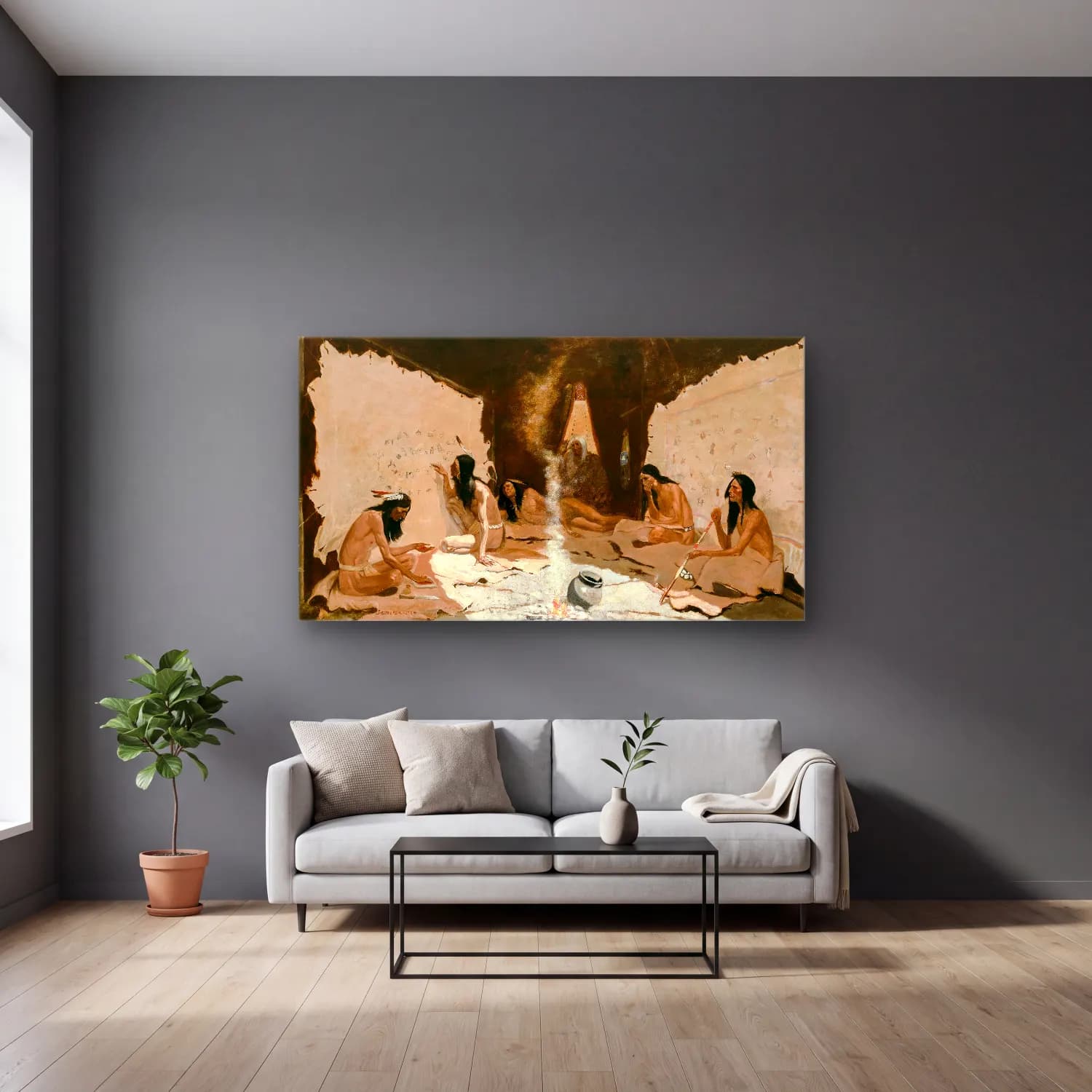 Frederic Remington – Historians of the Tribe cam tablo — gri duvarlı salonda