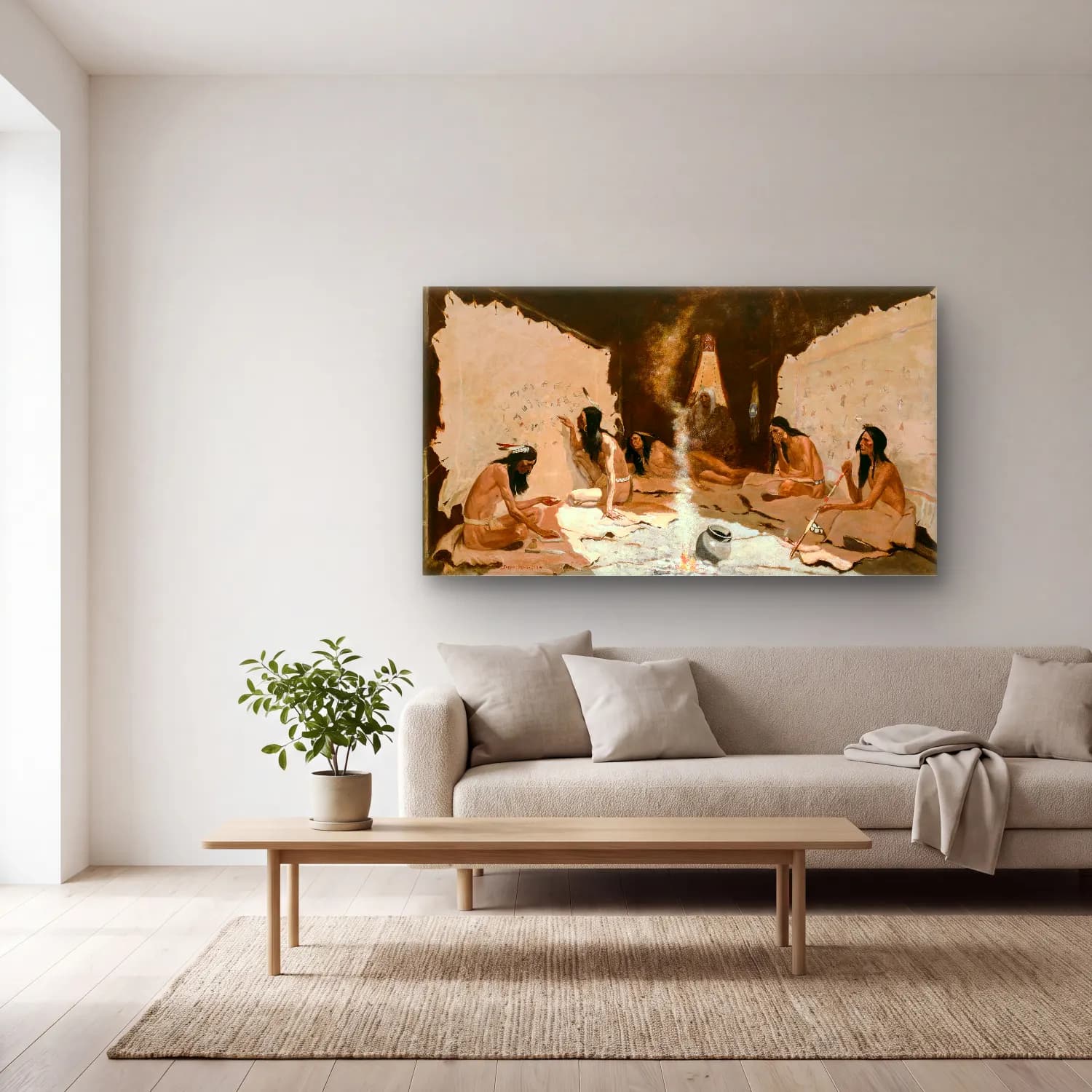 Frederic Remington – Historians of the Tribe cam tablo — açık renk salonda