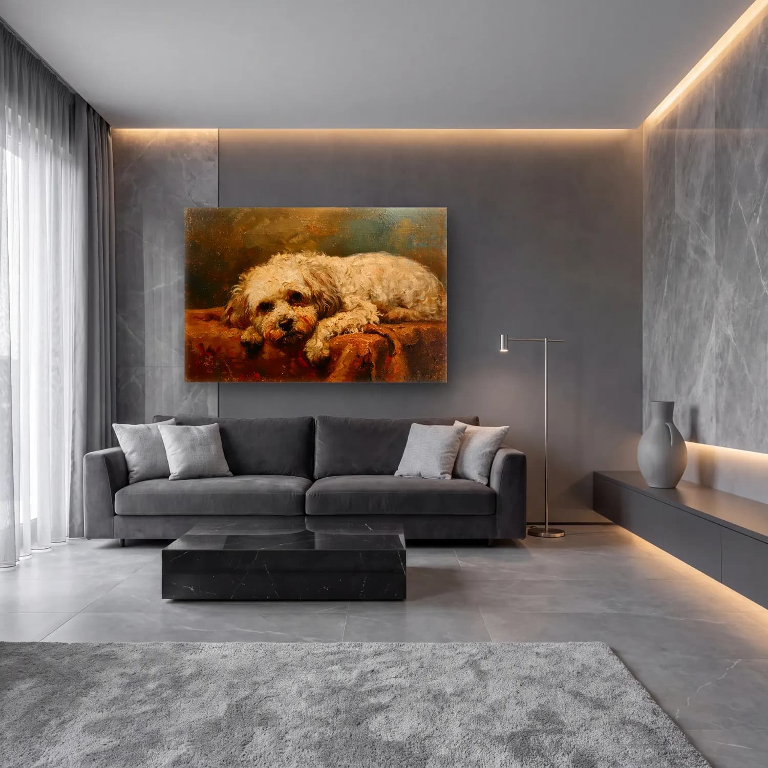 Yağlı Boya Köpek – Bej Tonlar cam tablo — lüks salon duvarında