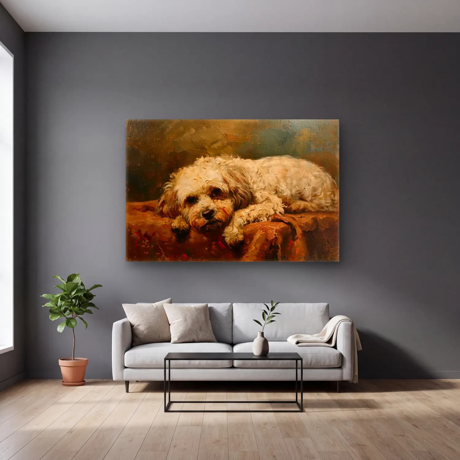 Yağlı Boya Köpek – Bej Tonlar cam tablo — gri duvarlı salonda
