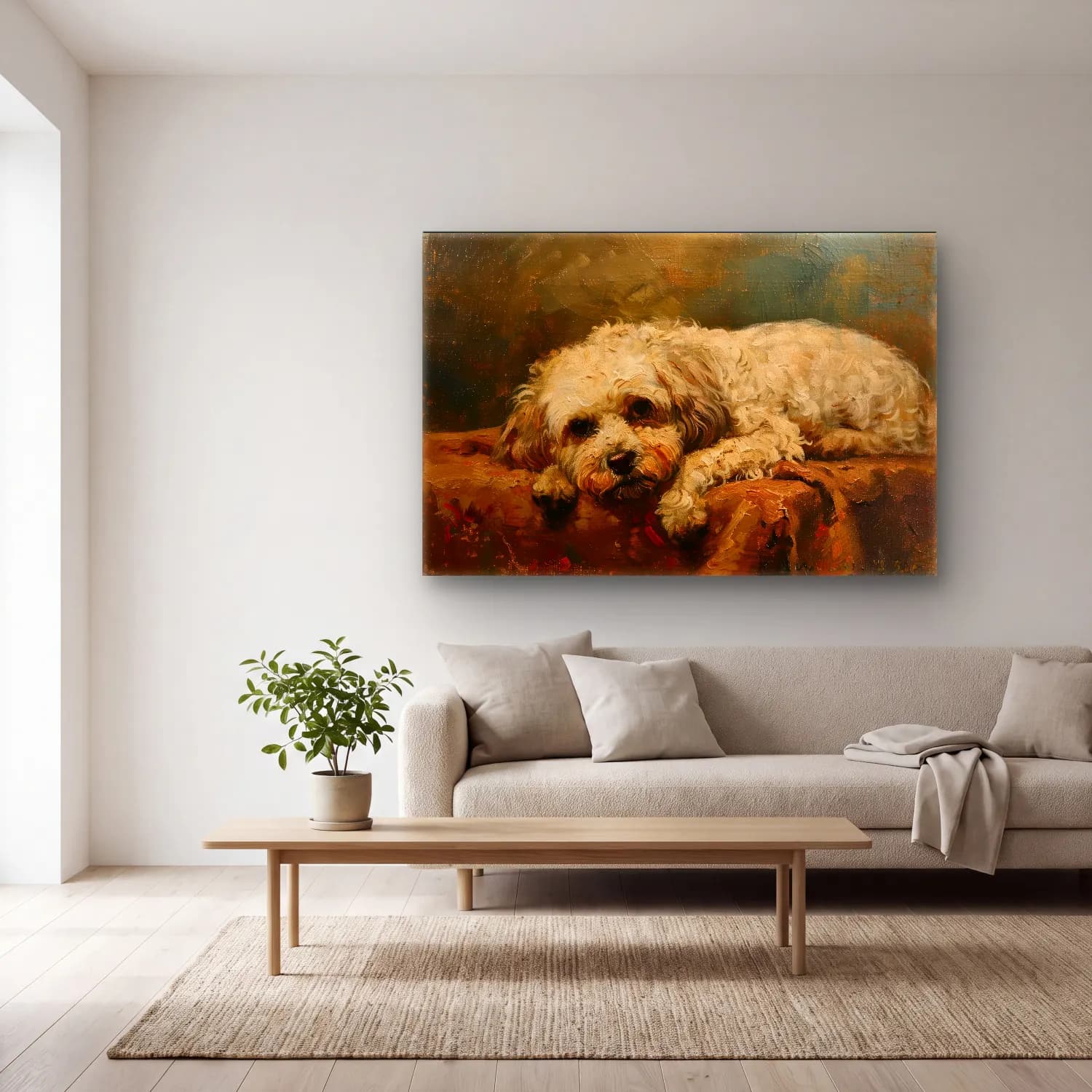Yağlı Boya Köpek – Bej Tonlar cam tablo — açık renk salonda
