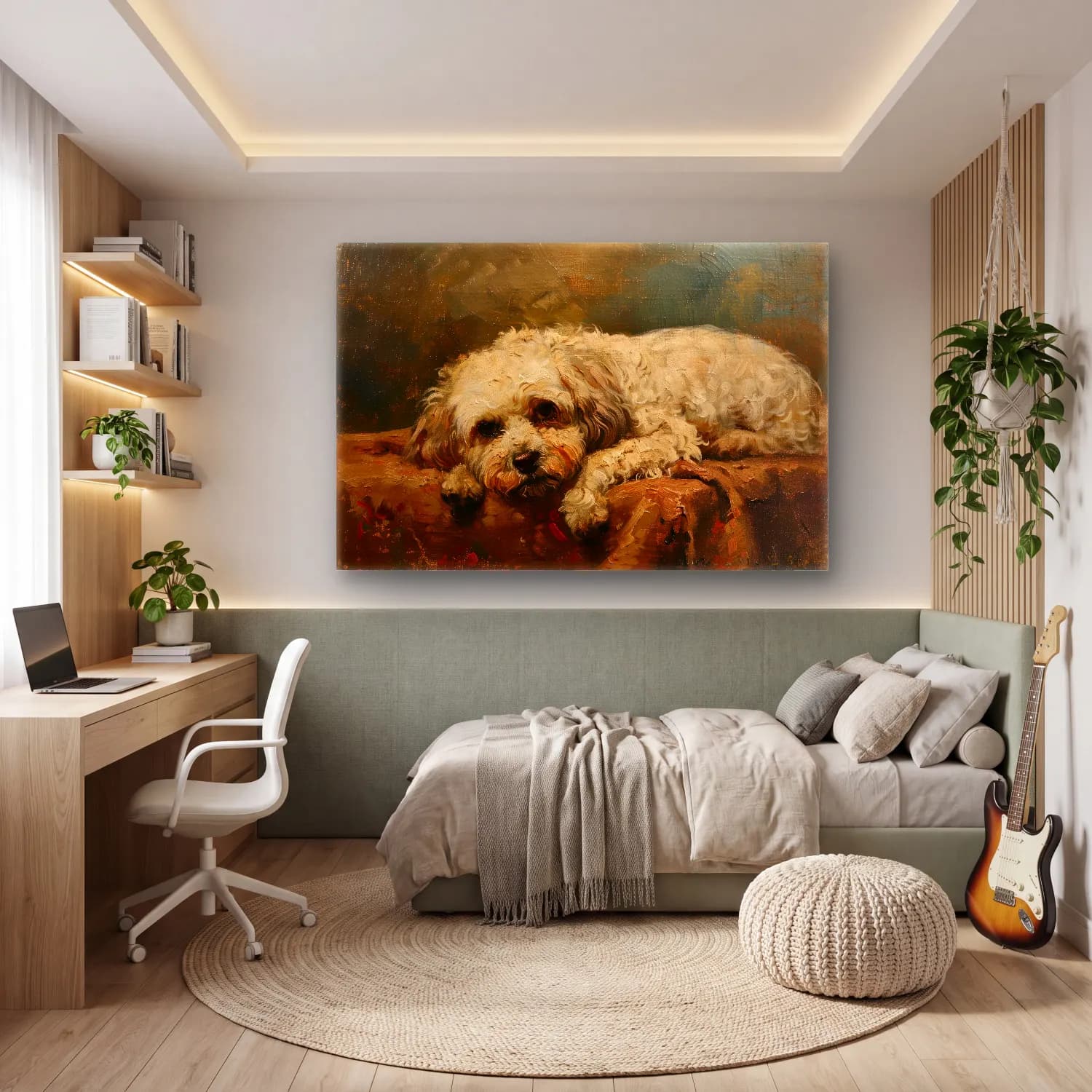 Yağlı Boya Köpek – Bej Tonlar cam tablo — genç odasında