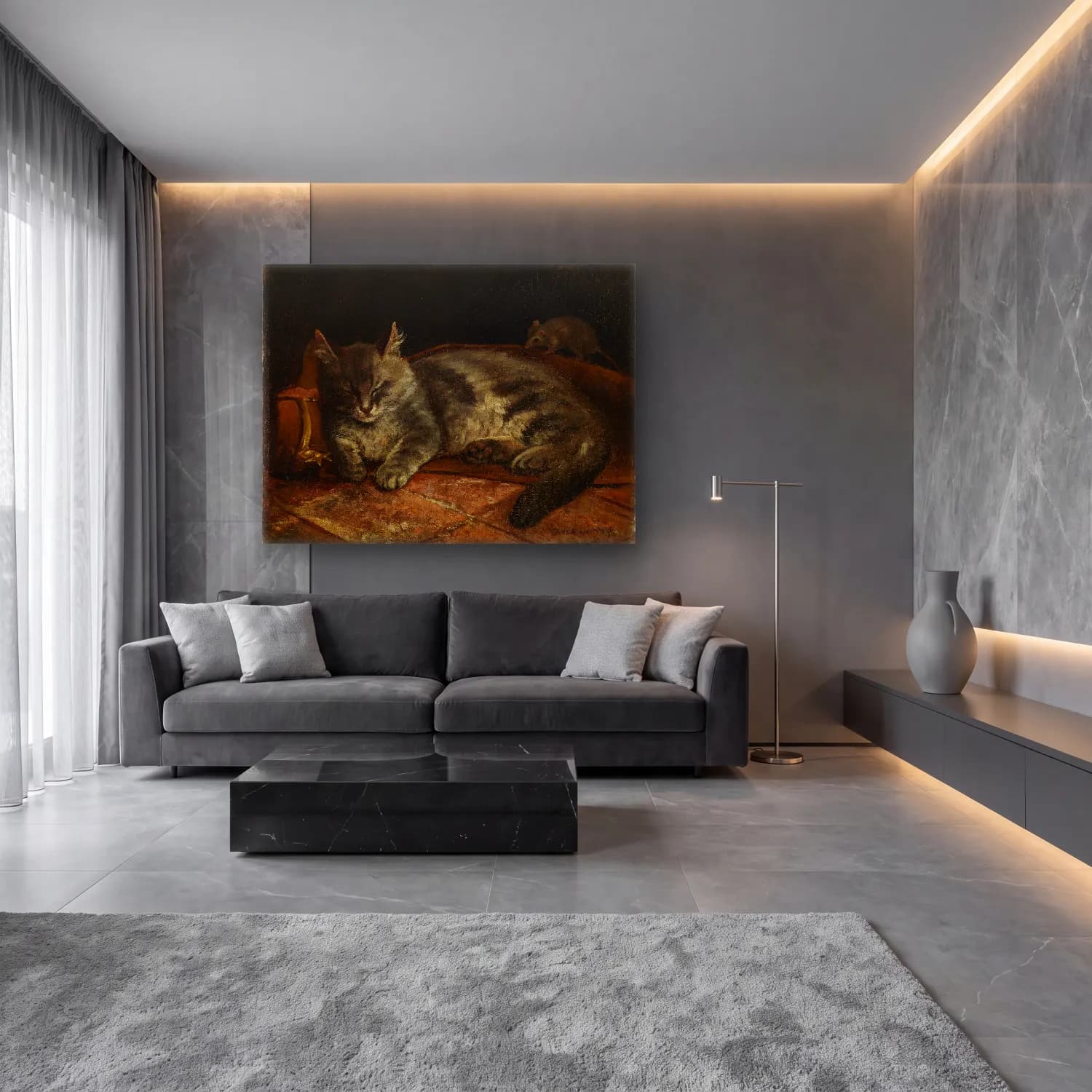 Yağlı Boya Kedi No. 11 cam tablo — lüks salon duvarında