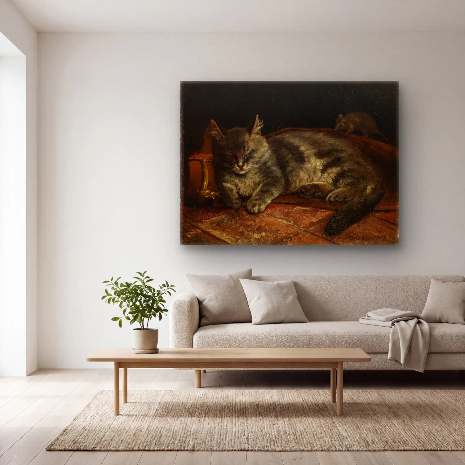 Yağlı Boya Kedi No. 11 cam tablo — açık renk salonda