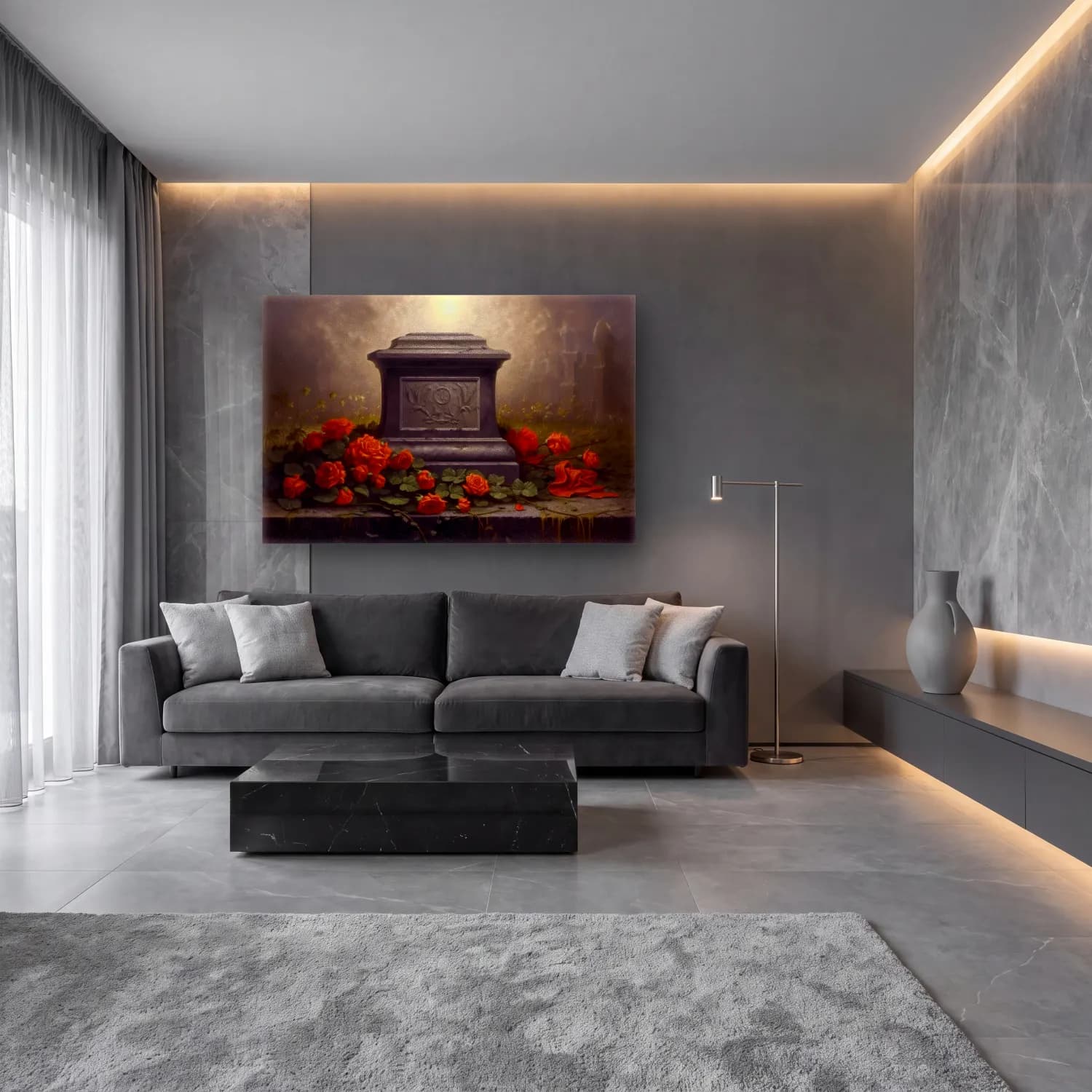Yağlı Boya Güller No. 5 cam tablo — lüks salon duvarında