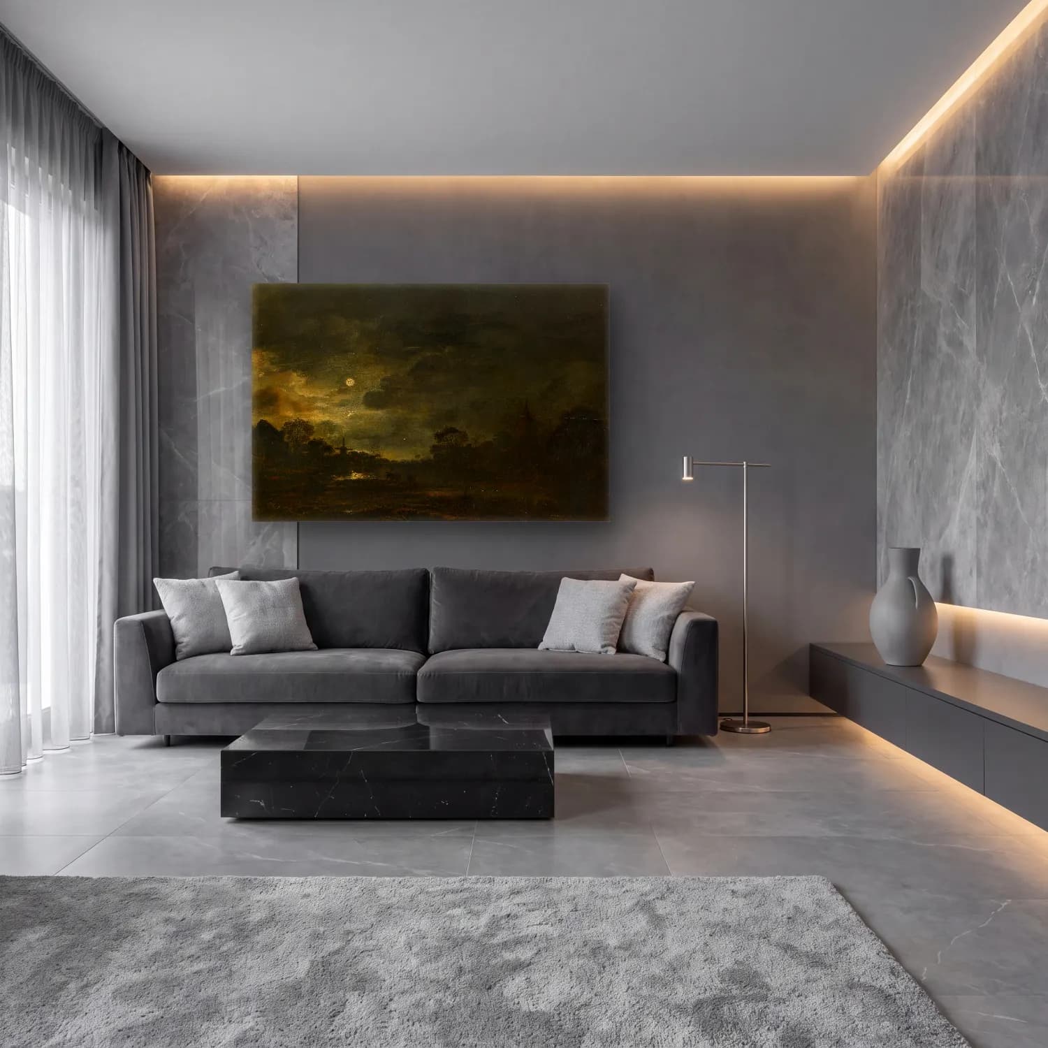 Yağlı Boya Ay ve Gece – Bej Tonlar cam tablo — lüks salon duvarında