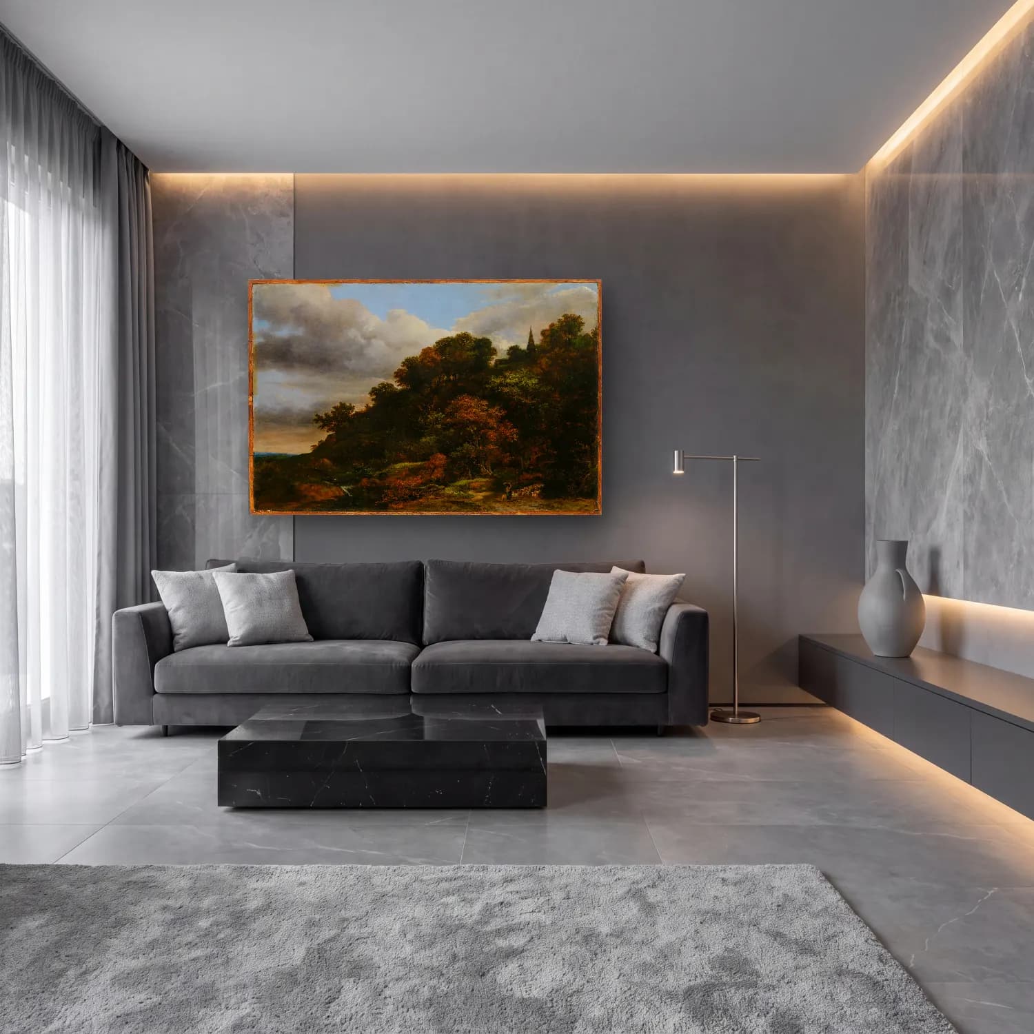 Yağlı Boya Kırda Nehir No. 33 cam tablo — lüks salon duvarında