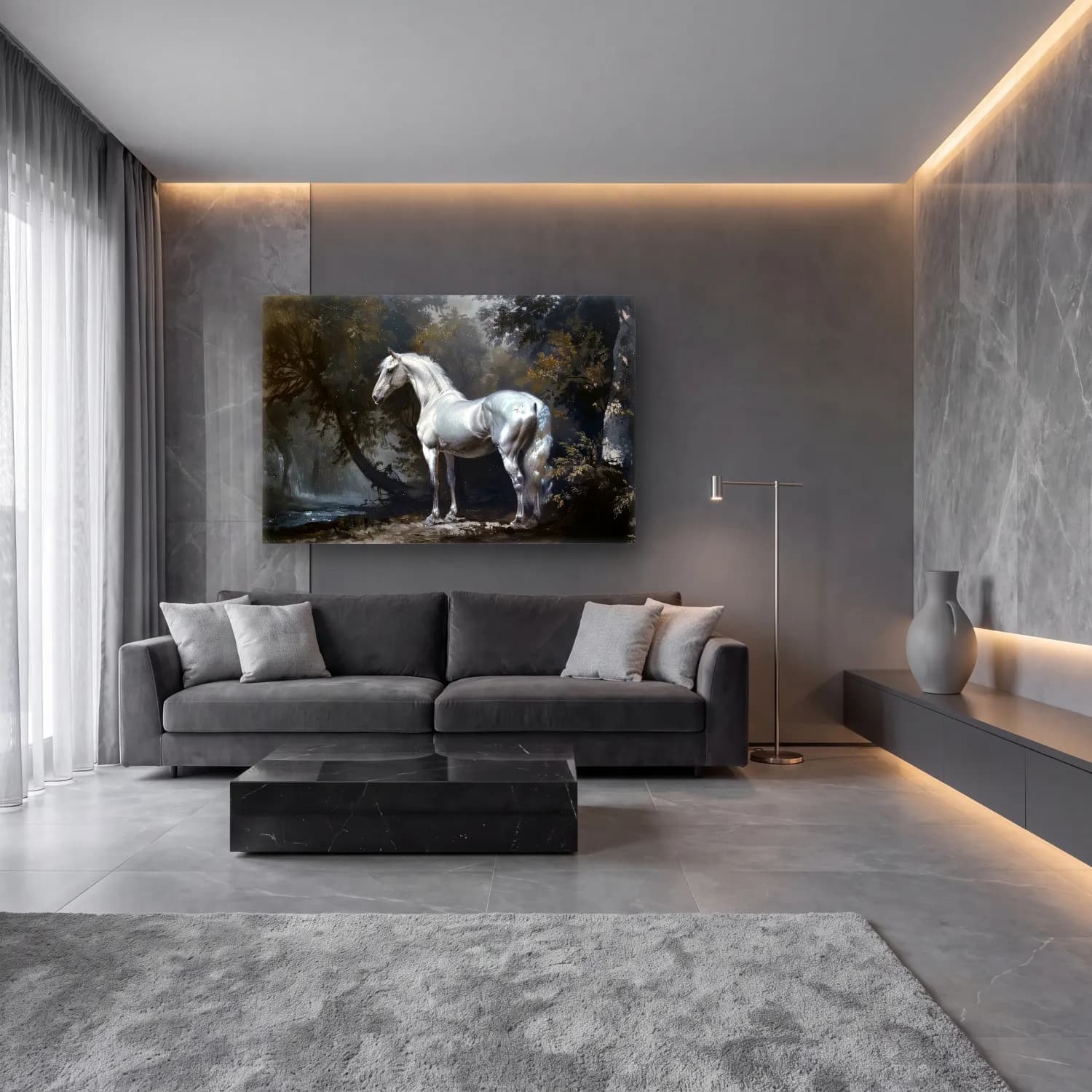 Yağlı Boya At No. 11 cam tablo — lüks salon duvarında