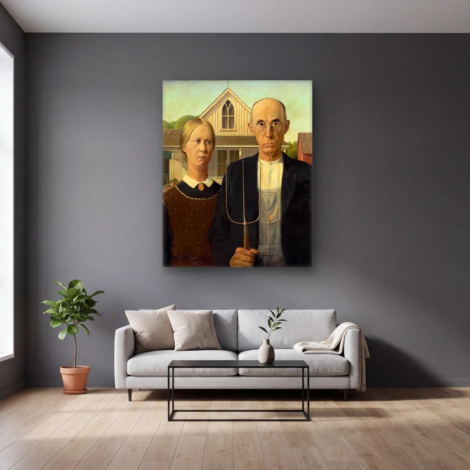 Grant Wood – Erkek Portresi cam tablo — gri duvarlı salonda