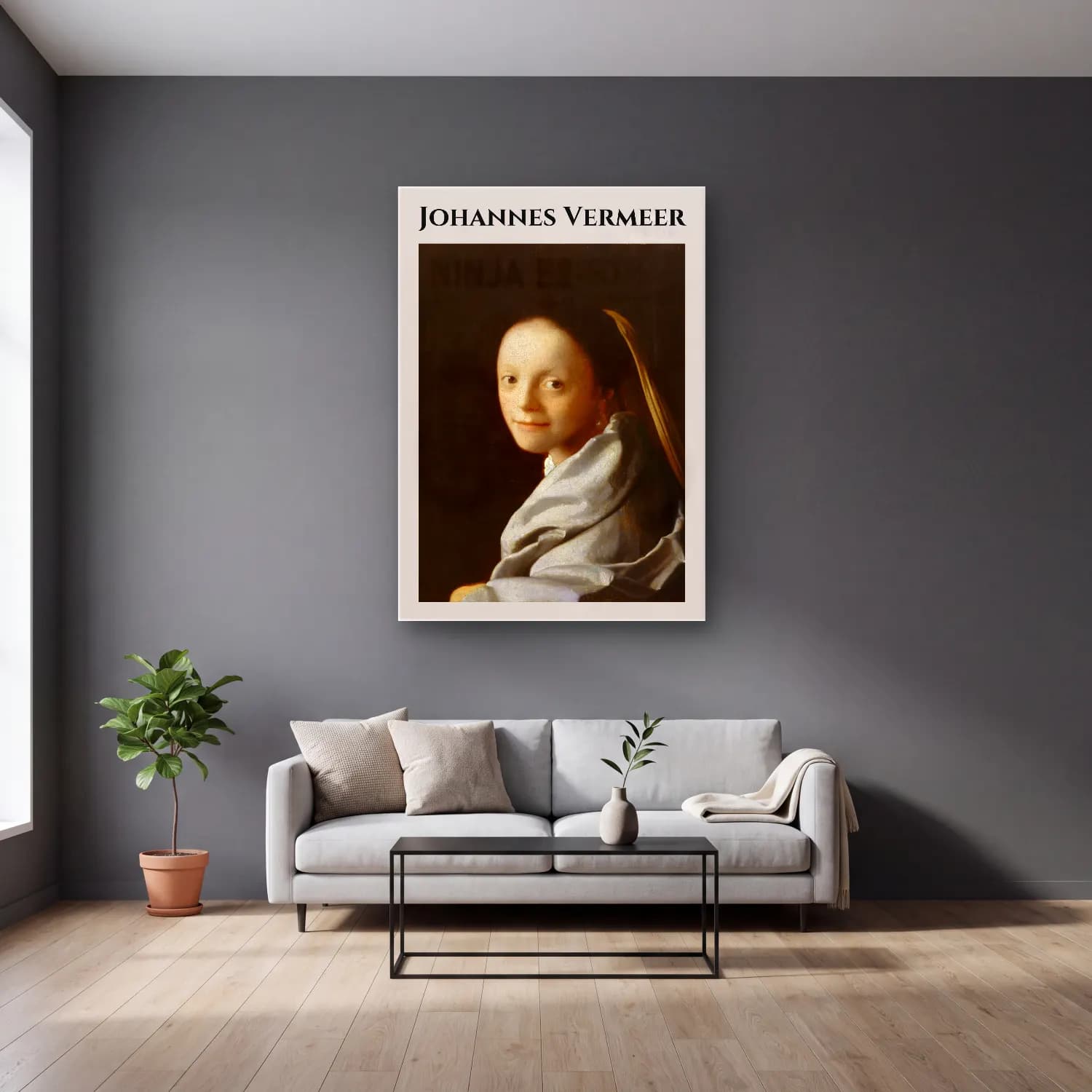 Johannes Vermeer – Kadın Portresi cam tablo — gri duvarlı salonda