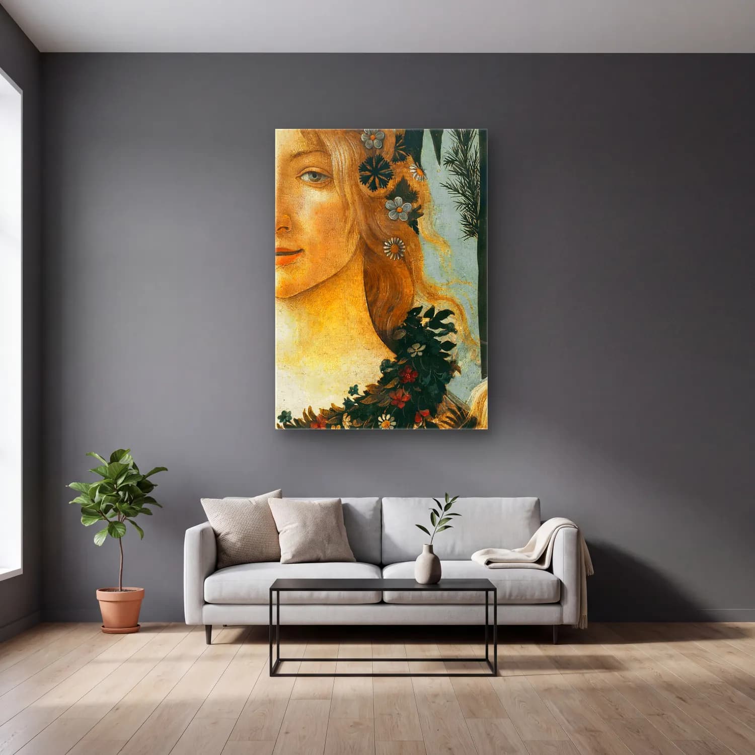 Sandro Botticelli – Kadın Portresi cam tablo — gri duvarlı salonda