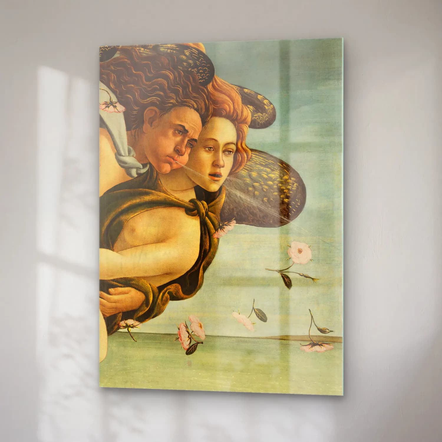 Sandro Botticelli – Mitolojik Sahne – Bej Tonlar cam tablo — sağ açıdan görünüm