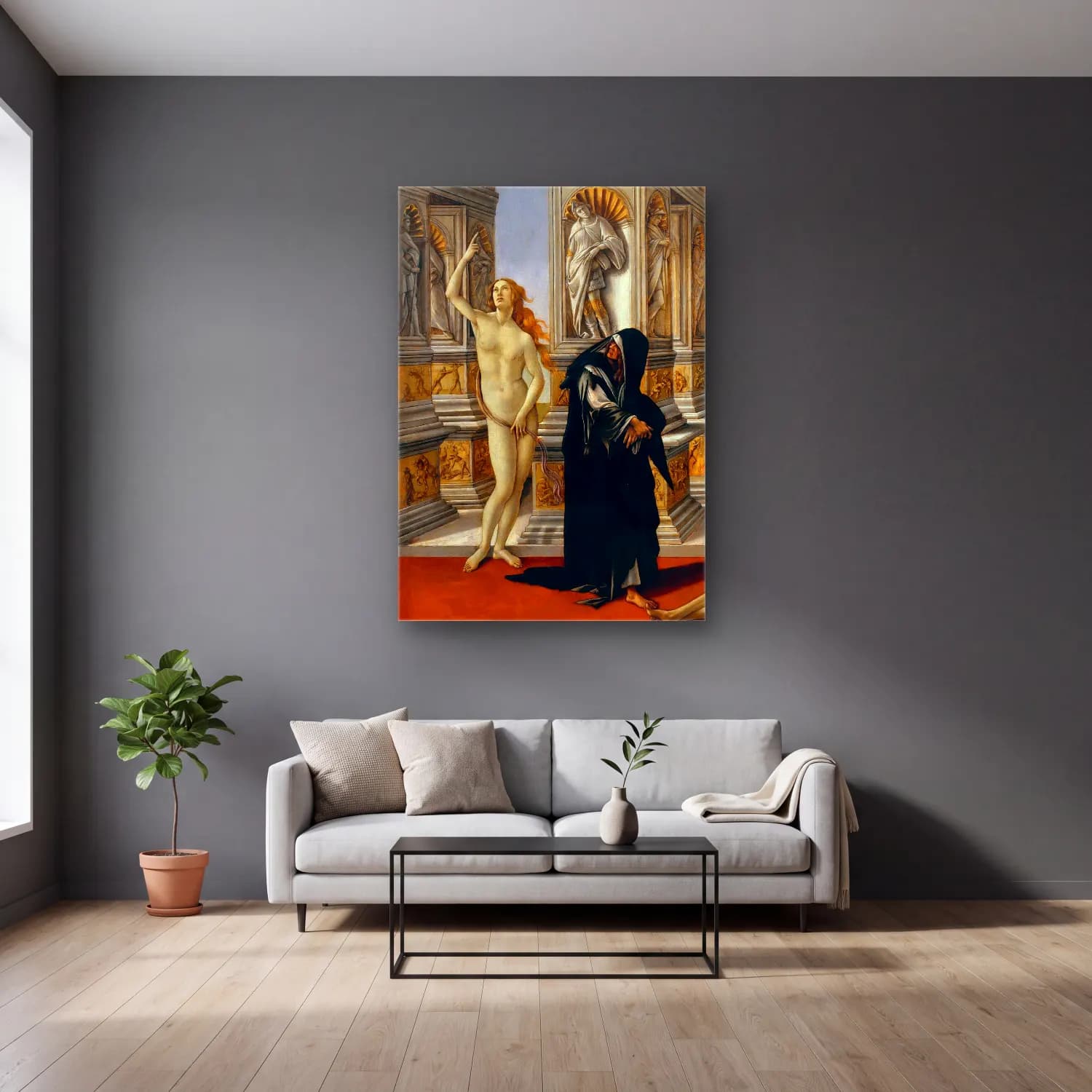 Sandro Botticelli – Figür Çalışması cam tablo — gri duvarlı salonda