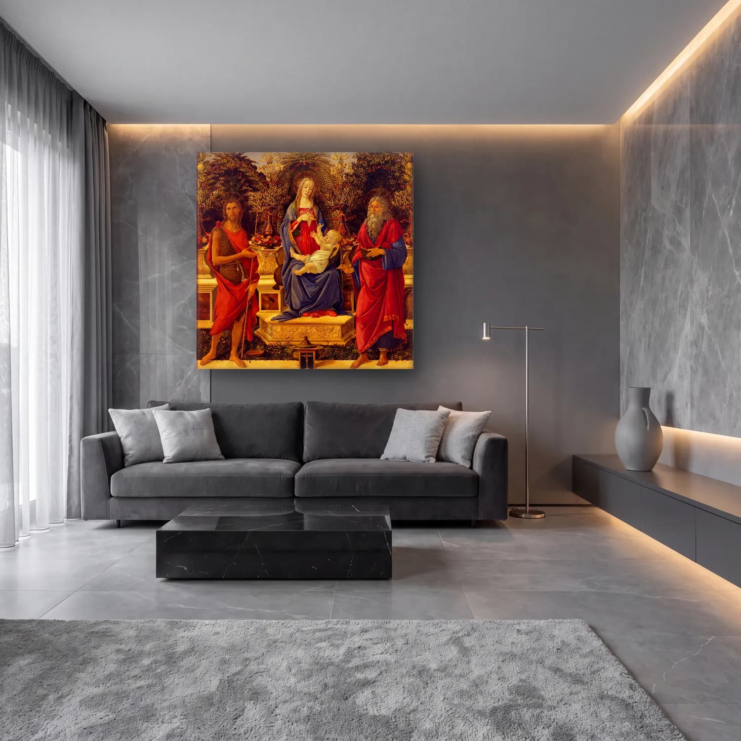Sandro Botticelli – Dini Sahne – Kırmızı Tonlar cam tablo — lüks salon duvarında