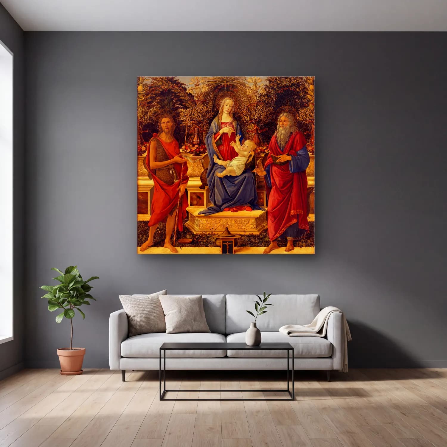 Sandro Botticelli – Dini Sahne – Kırmızı Tonlar cam tablo — gri duvarlı salonda