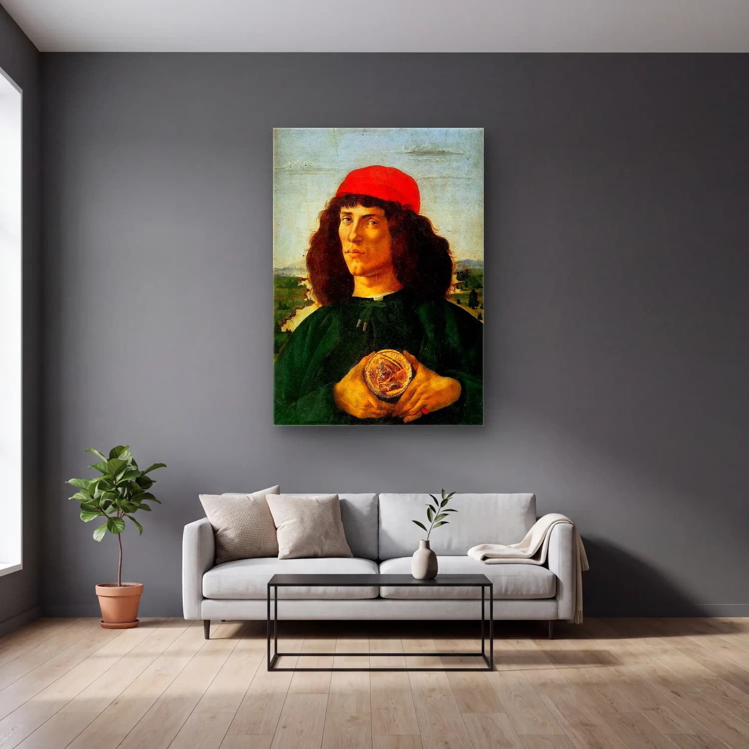 Sandro Botticelli – Erkek Portresi cam tablo — gri duvarlı salonda