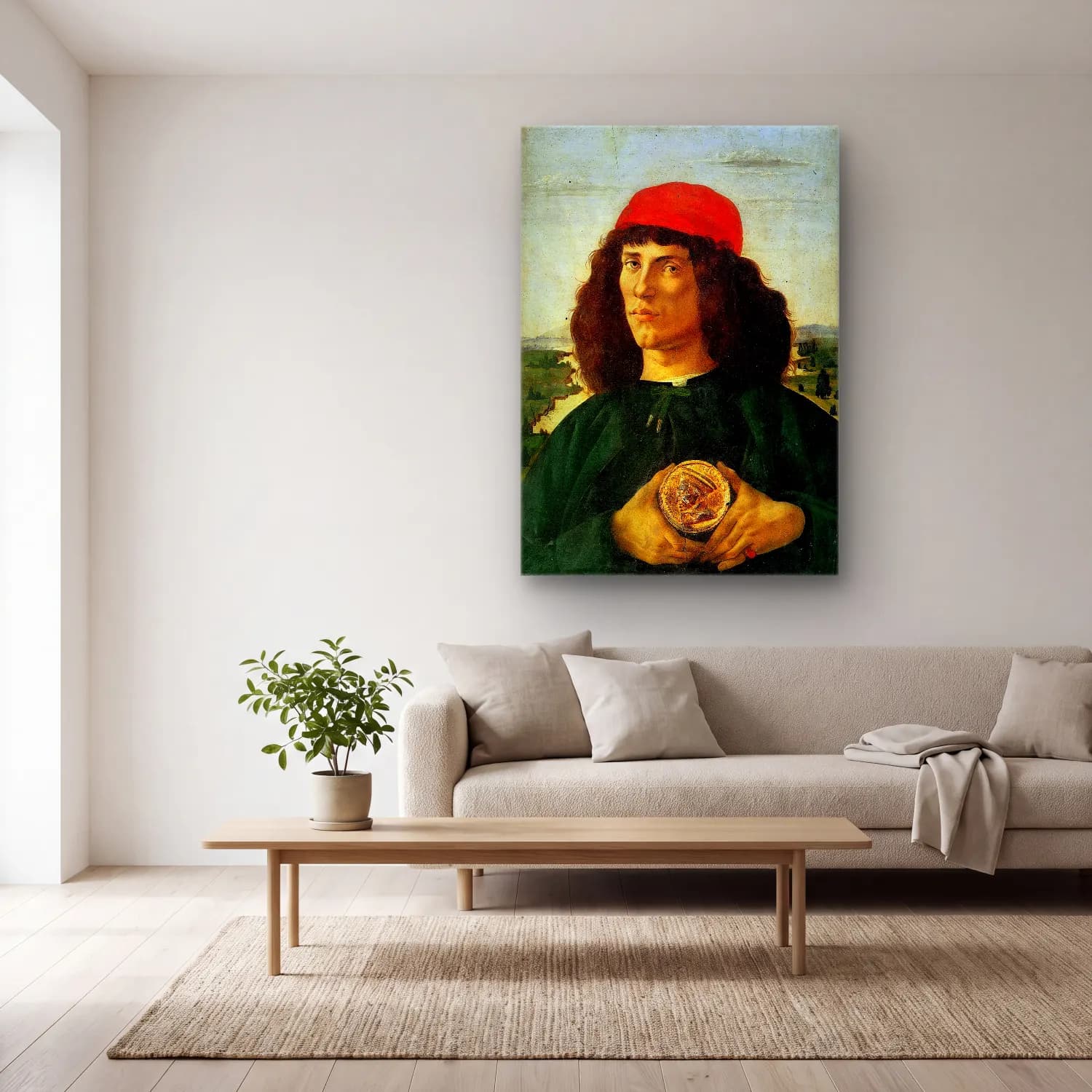 Sandro Botticelli – Erkek Portresi cam tablo — açık renk salonda