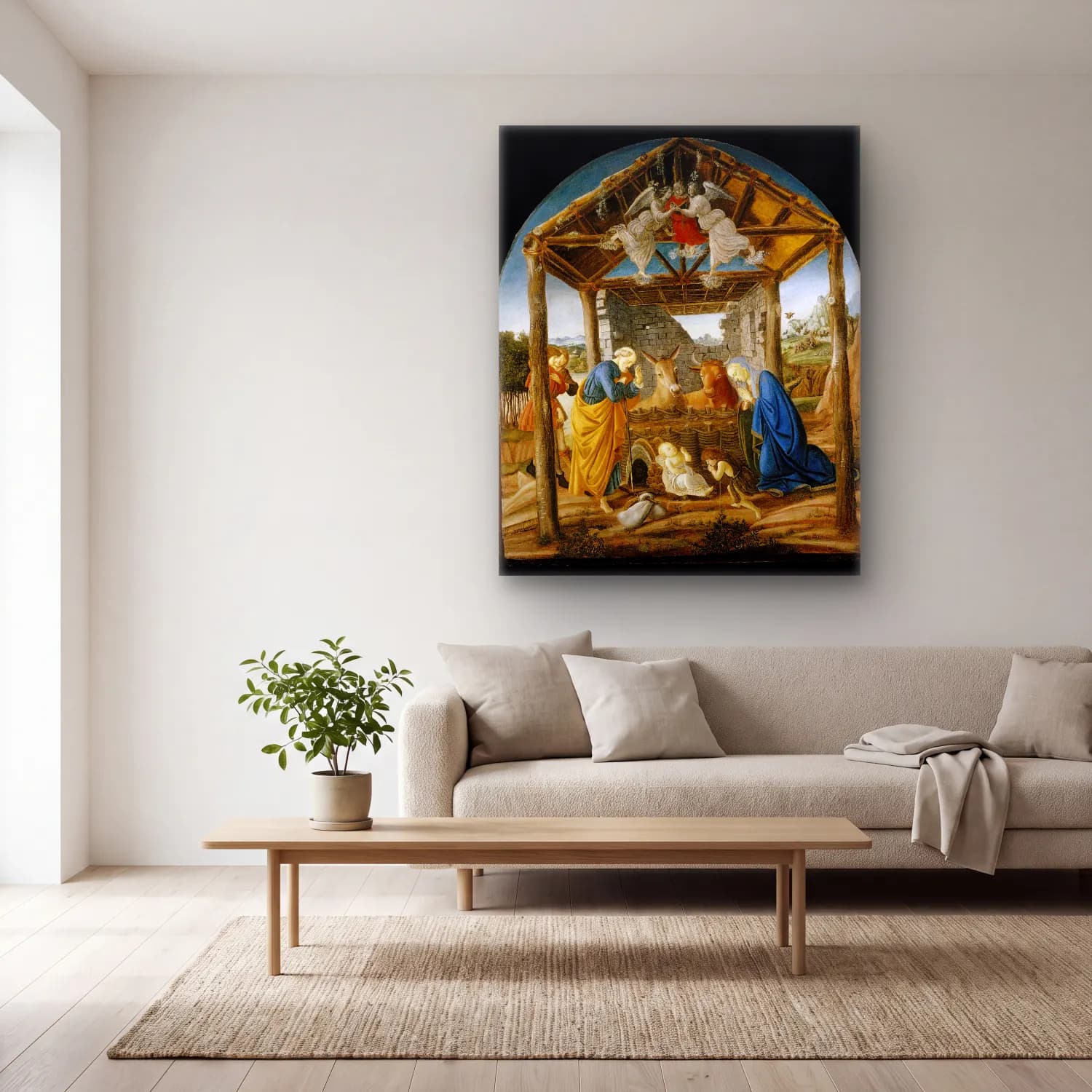 Sandro Botticelli – Dini Sahne – Sarı Tonlar cam tablo — açık renk salonda