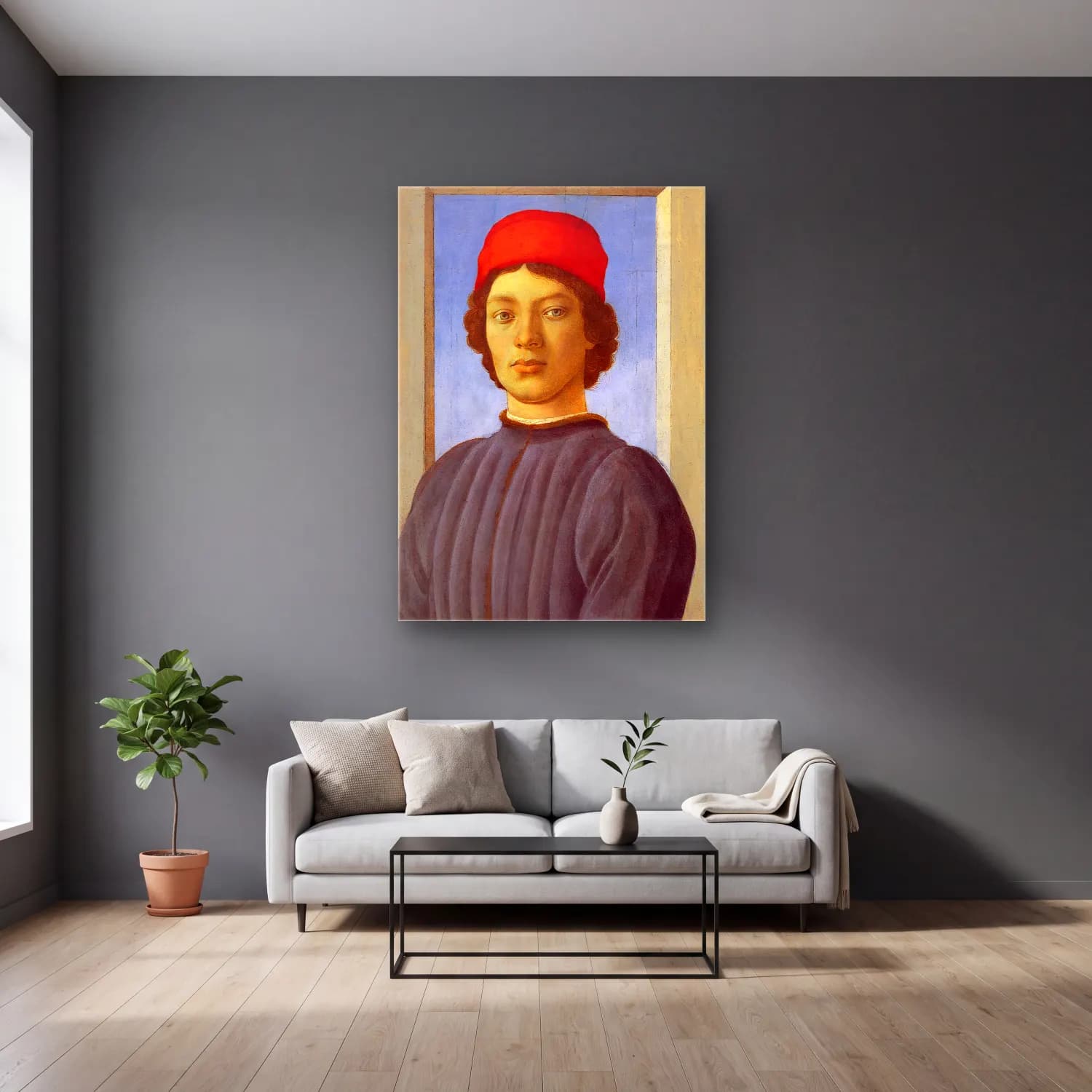 Sandro Botticelli – Erkek Portresi – Kırmızı Tonlar cam tablo — gri duvarlı salonda