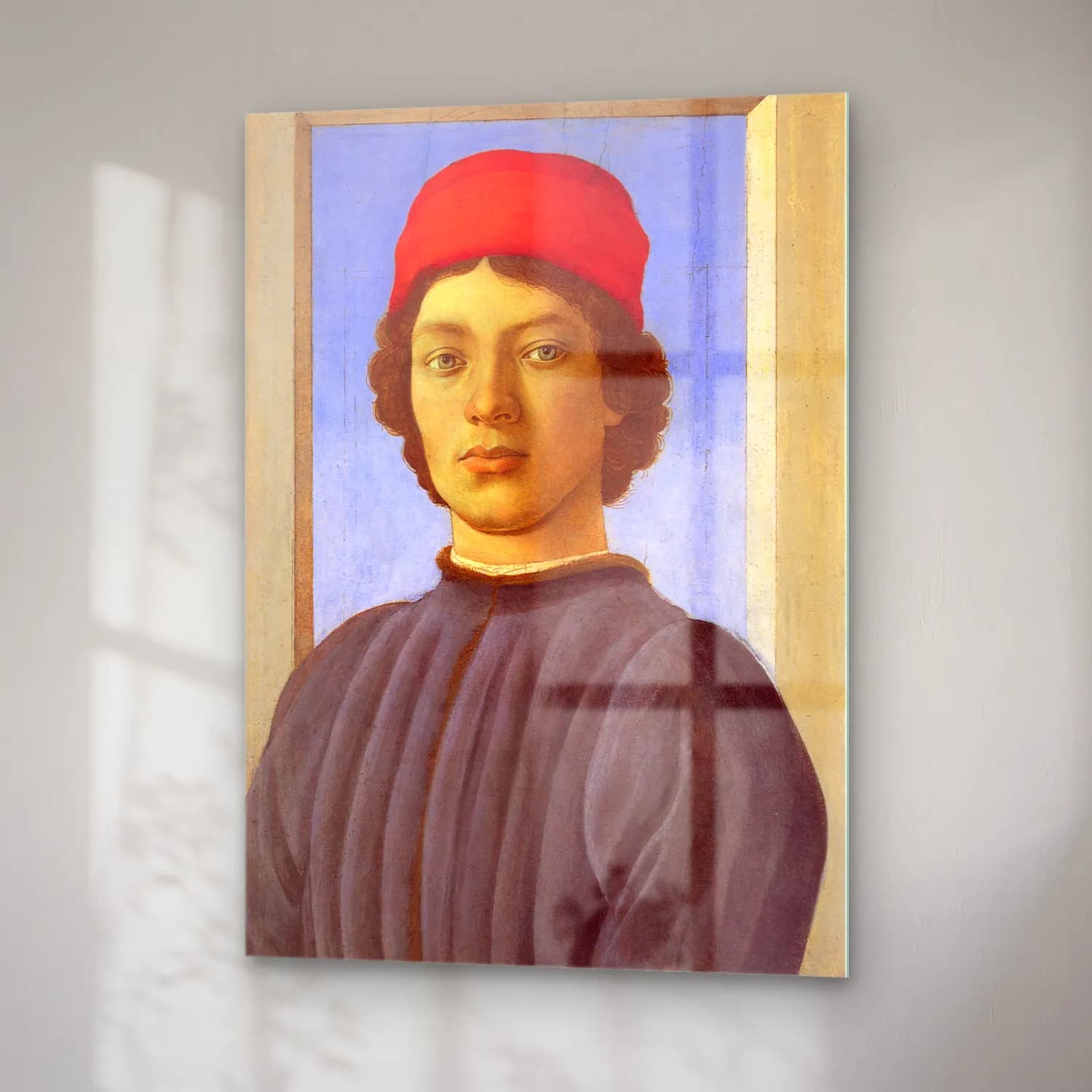 Sandro Botticelli – Erkek Portresi – Kırmızı Tonlar cam tablo — sağ açıdan görünüm